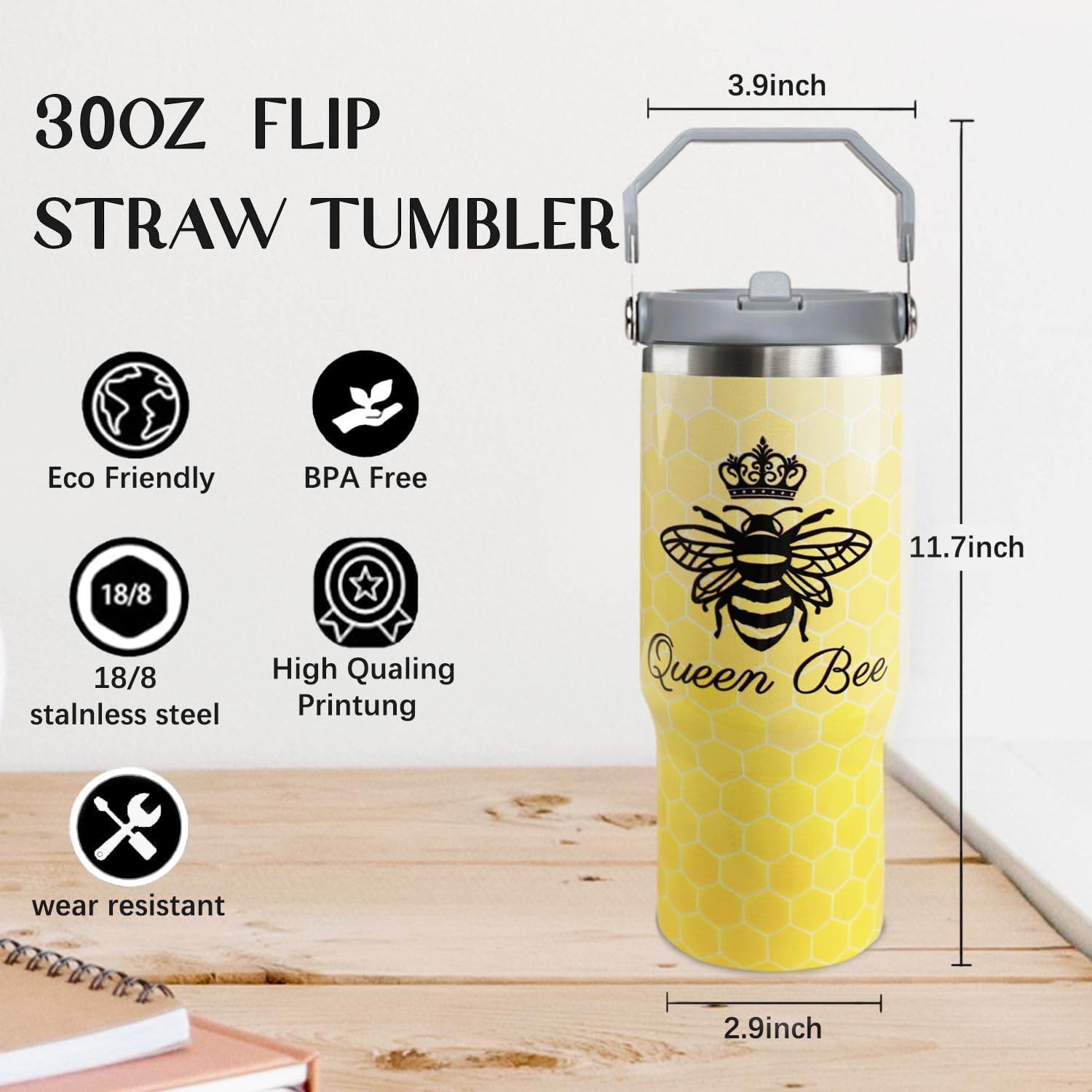 30oz Bee Tumbler With Handle and Straw - Queen Insulated Leak Proof Travel Coffee Mug, Reusable Stainless Steel Tumbler for Bee Gifts for Women, Men - Image 6