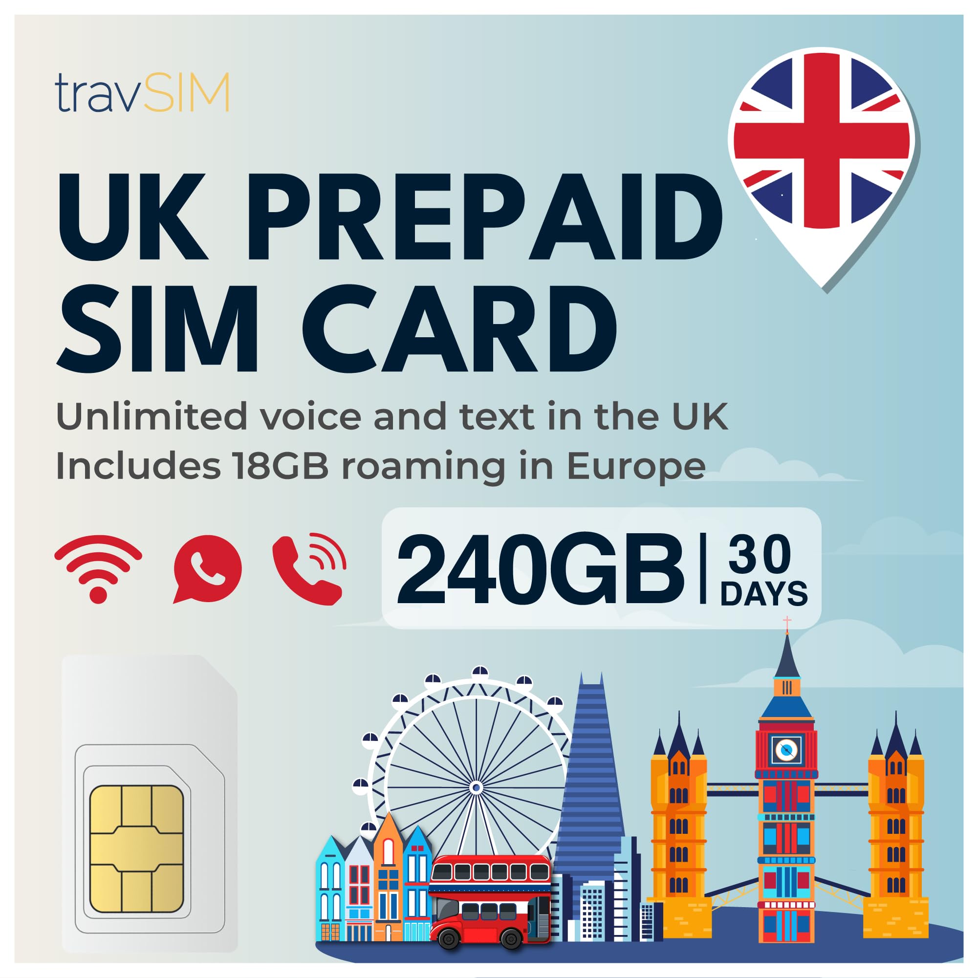 travSIM UK SIM Card | 200GB Data + Unlimited Calls & Texts | 4G/5G Speed | Works Throughout The UK | SIM Card UK is Valid for 30 Days