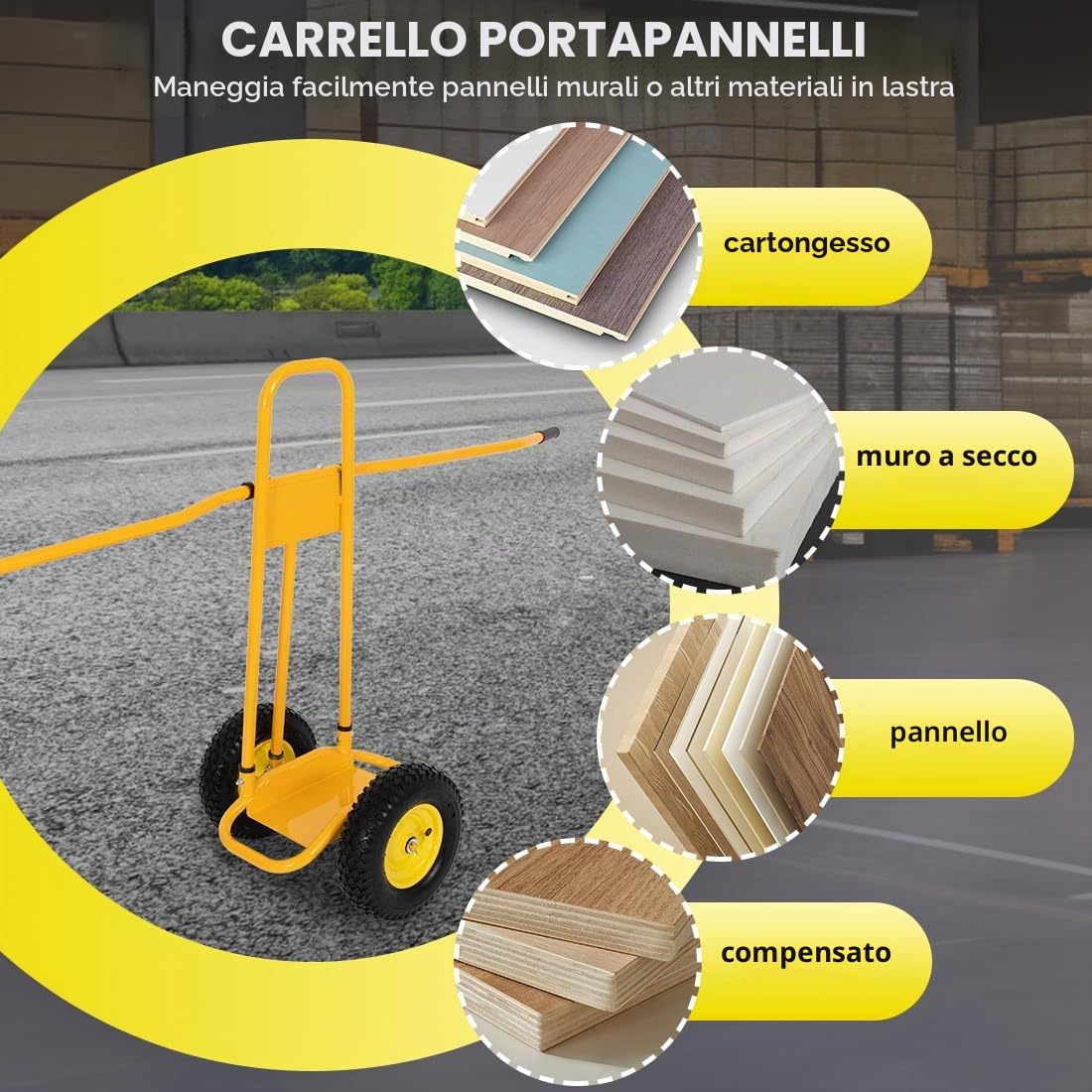 Carrello Porta Pannelli per il Trasporto di Pannelli Capacità di Carico 500 KG con 4 Ruote in Gomma Piena Carrello Manuale Rimovibile per il Trasporto di Pannelli, Finestre (Giallo)