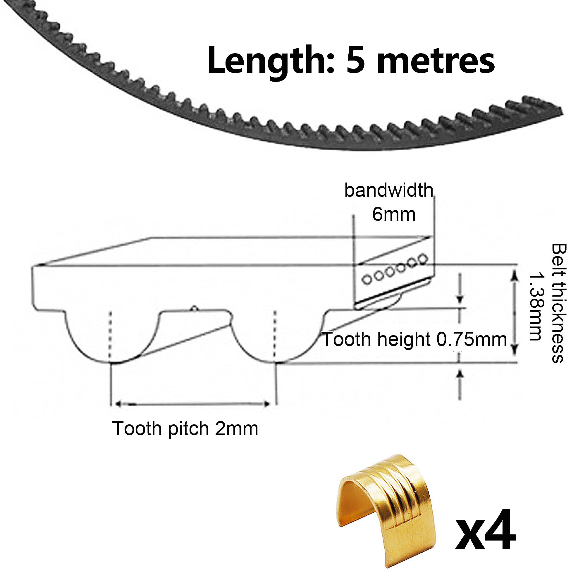Pasek zębaty 5 m, otwarty pasek zębaty GT2 6 mm, pasek 2GT z 6 miedzianymi tullejkami do Creality Ender 3, Ender 3 V2, Ender 3 Pro, seria Ender 5, seria CR-10, do Anycubic Kobra 2 Kobra Max CNC