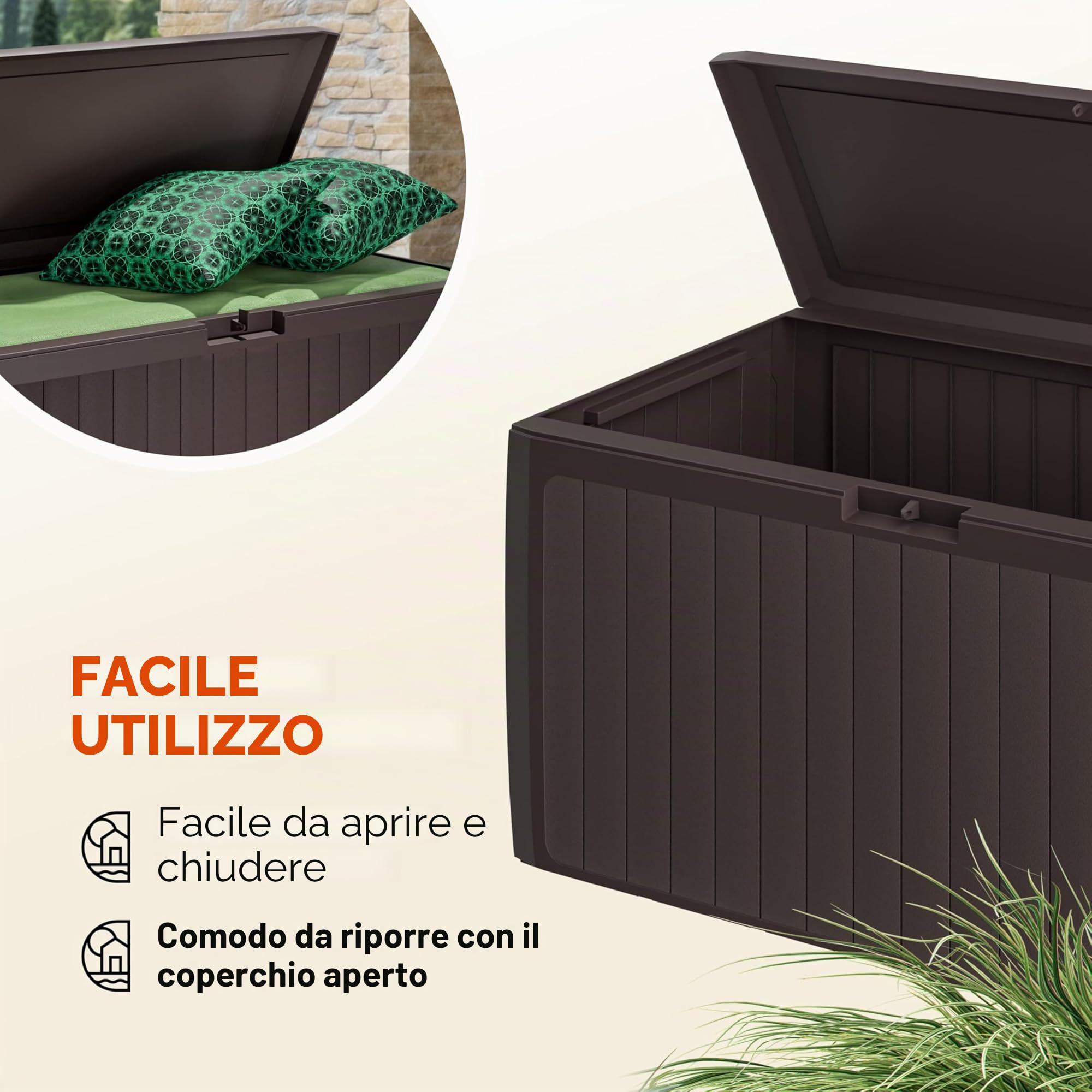 Casaria Baule da Giardino 117x47x60cm Aspetto Legno 290L Box Multiuso Multibox Cuscini 6 Ruote Coperchio Esterno
