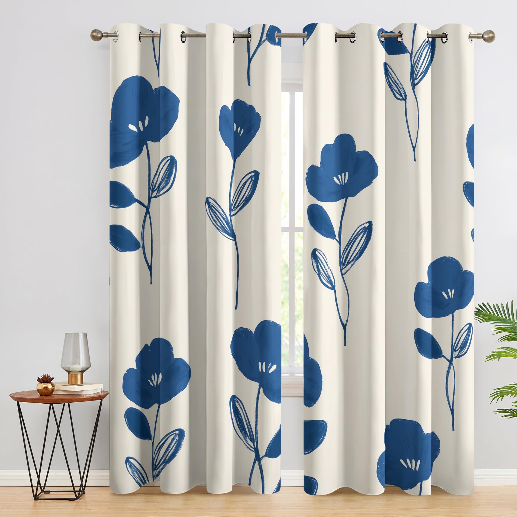 Niyaka Blue Beige Blue Floral Curtain Blackout, Flower Curtains 42X54, Living Room & Bedroom Decor Drapes, Thermal Insulated Eyelet Window Treatments 54 Drop, 2 Panels
