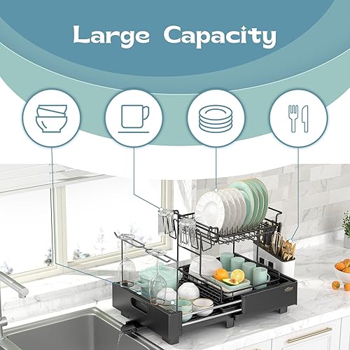 Miniatura 6 de Youvip Escurridor de platos grande de 2 niveles, escurridor de platos grande de acero inoxidable con salida de agua ajustable, escurridor de platos