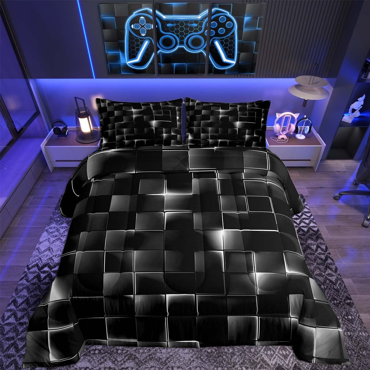 Feelyou Silver and Black Comforter Set Full Size Kids Light Geometric Comforter for Boys Teens Bedding Set Modern Style Duvet Set Room Decor Quilt Set