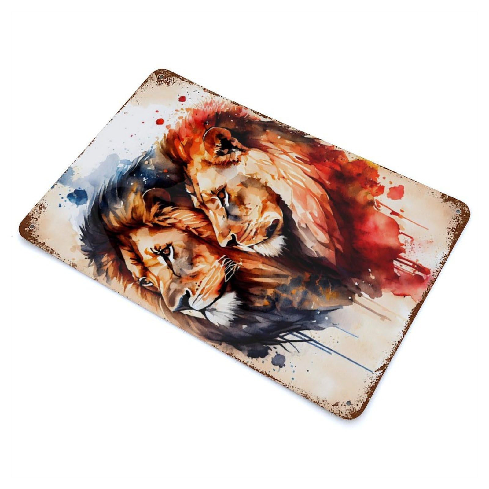 Distressed Metal Wall Sign Lions Couple Watercolor 11.8"x7.9", Retro Wall Decor for Basement, Hobby Room And Garage Decor
