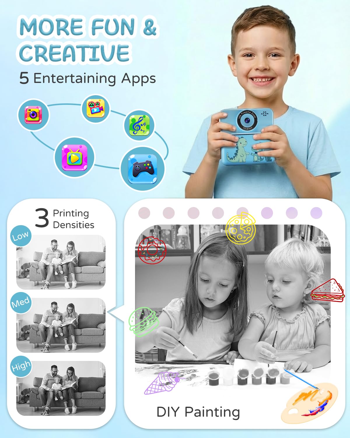 Kids Instant Print Camera, Dual-Lens Digital Video Camera with 32GB SD Card, 5-Color Paper, Portable Carry Case, Christmas Birthday Gift for Boys Girls Ages 3-12