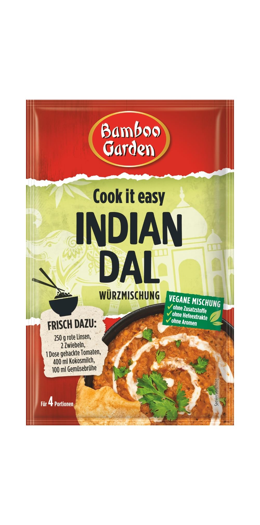 Bamboo Garden - Indian Dal Würzmischung | Zum Würzen von indischen Linsengerichten | Für 4 Portionen | Vegan, ohne Zusatzstoffe, ohne Hefeextrakte, ohne Aromen | 25 g im Beutel