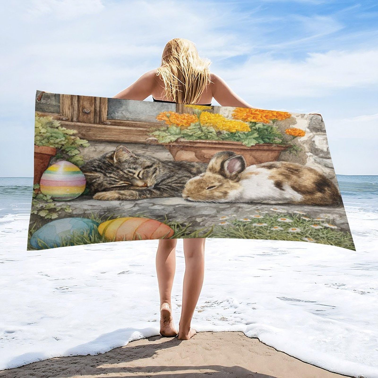 Luyysky Rustic Aesthetic Kitten Bunny Absorbent Beach Towel, Classic Colorful Easter Eggs Flowers Animal Rabbit Cat Outdoor Single-Sided Velvet Beach Towel-80 W Cm X 160" L Cm