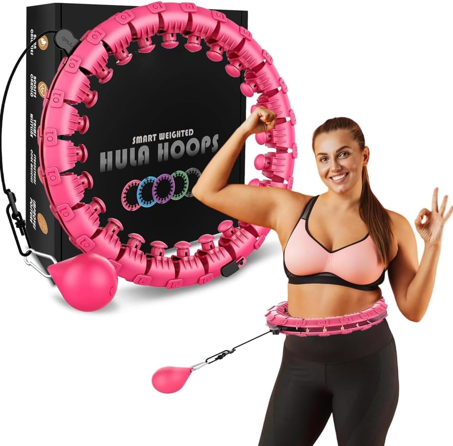 Active 100 Smart Hula Ring Hoops, Weighted Hula Circle 24 Detachable Fitness Ring with 360 Degree Auto-Spinning Ball Gymnastics, Massage, Adult Fitness for Weight Loss