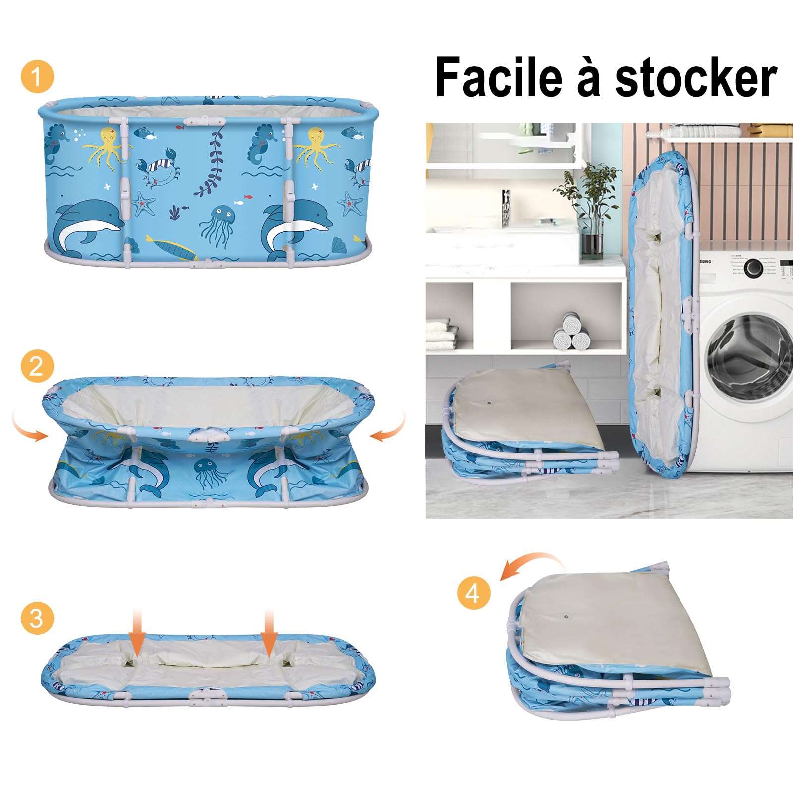 Baignoire Pliable Adulte - Pas Besoin d'Installation, Antidérapant, Pliage Facile - Pour Petite Salle de Bain, Douche, SPA - Avec Tubes en T Épais - 113x65x48cm (Bleu Clair)