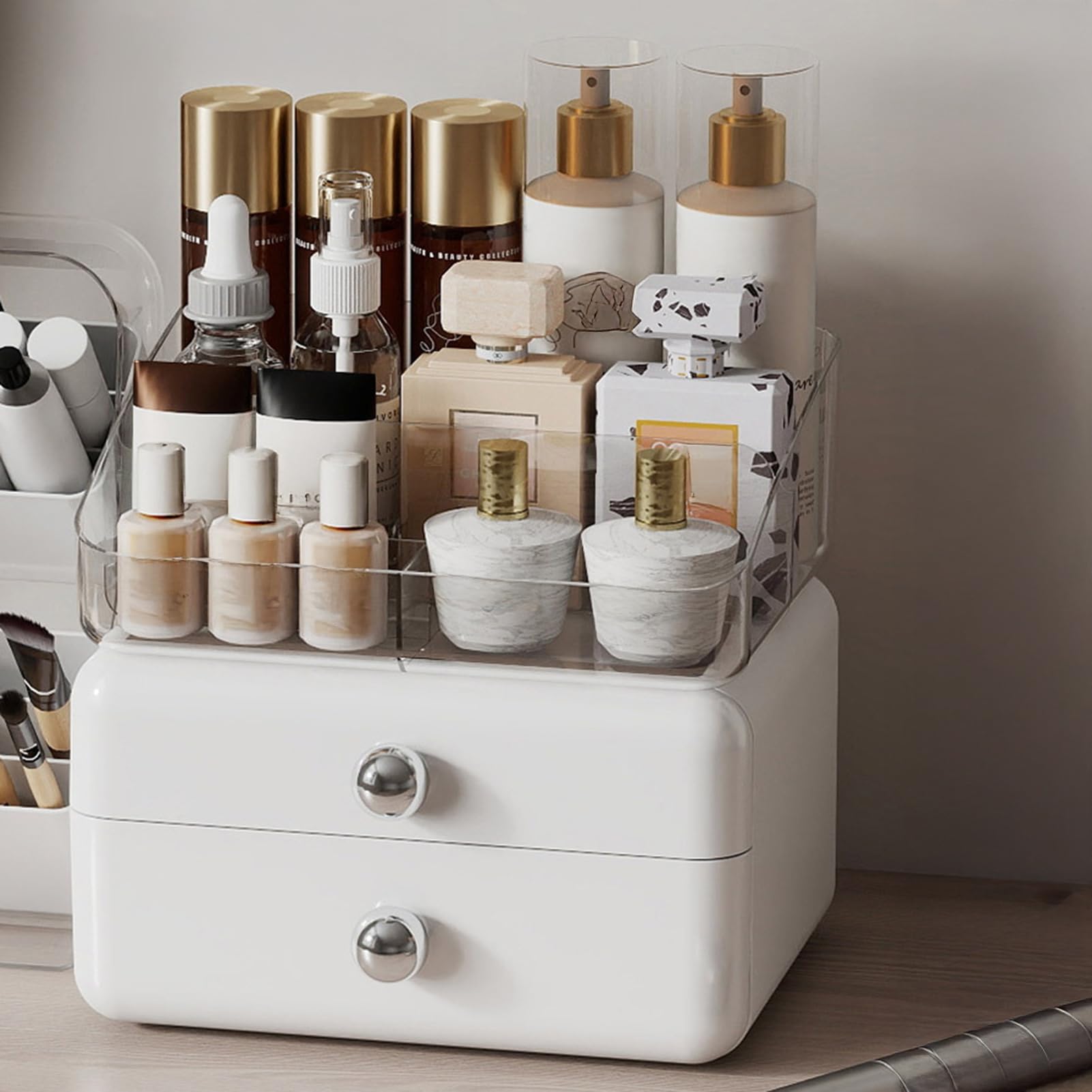 Caja de almacenamiento de cosméticos de escritorio, organizador de cosméticos de gran capacidad con 2 cajones, caja extraíble con múltiples compartimentos, organizador de maquillaje para