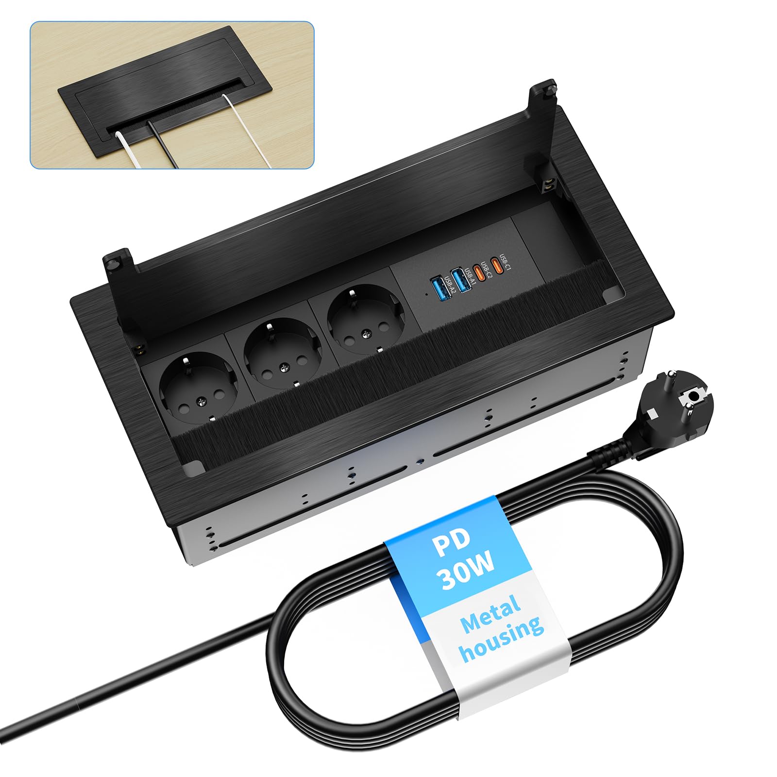 Enchufe empotrable de Aluminio para Cocina, encimera y Oficina con 3 Tomas de Corriente, 2 Puertos USB-C PD 30W y 2 USB-A, regleta de enchufes empotrable con Cable de 1,8 m, Color Negro