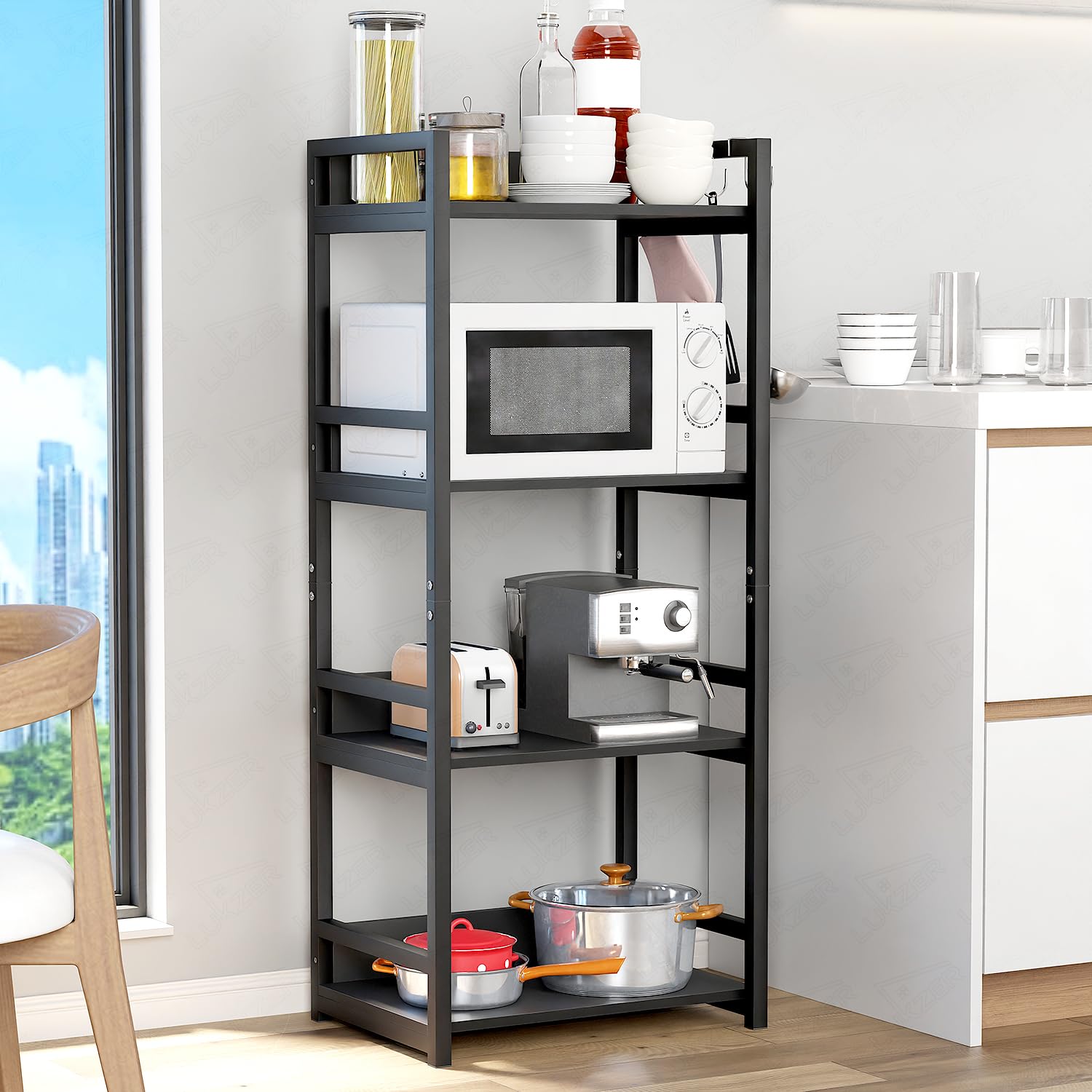 Lukzer 4 Layer Multipurpose Storage Rack - Heavy Duty Metal & Wood Kitchen Organizer | Space Saving Microwave Oven Stand for Modular Kitchen, Living Room, Bedroom & Office (MKR-004/Black & Black)-image-14