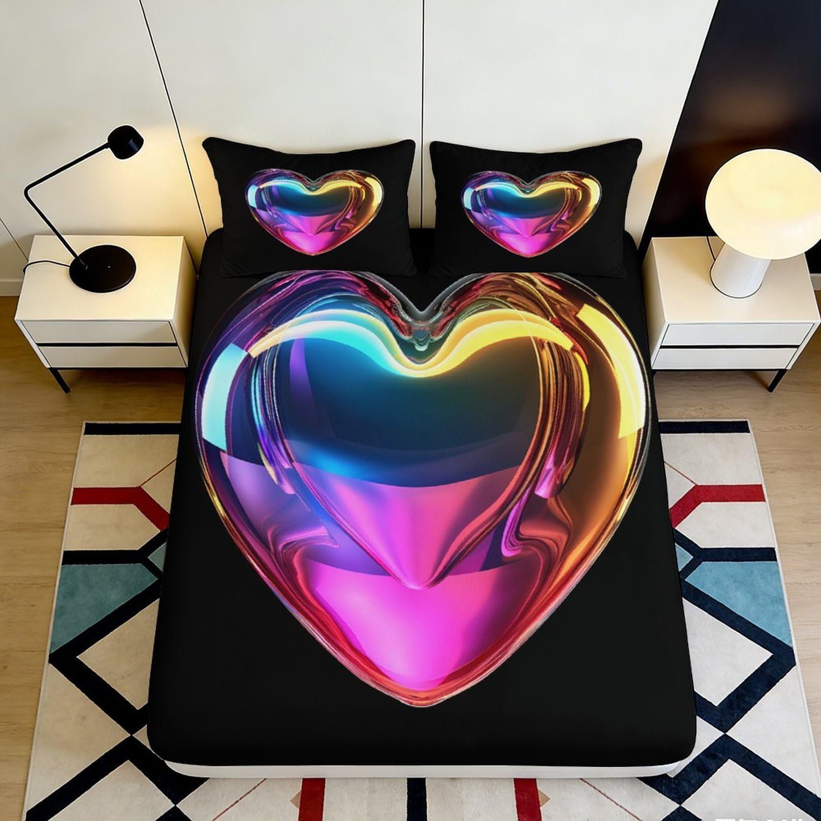 Pnayamiorkfel Style-1 3D Printed Iridescent Heart Fitted Sheet Microfiber Soft Black Rainbow Love Bed Cover For Bedroom Guest Room Decor 90X200x25cm