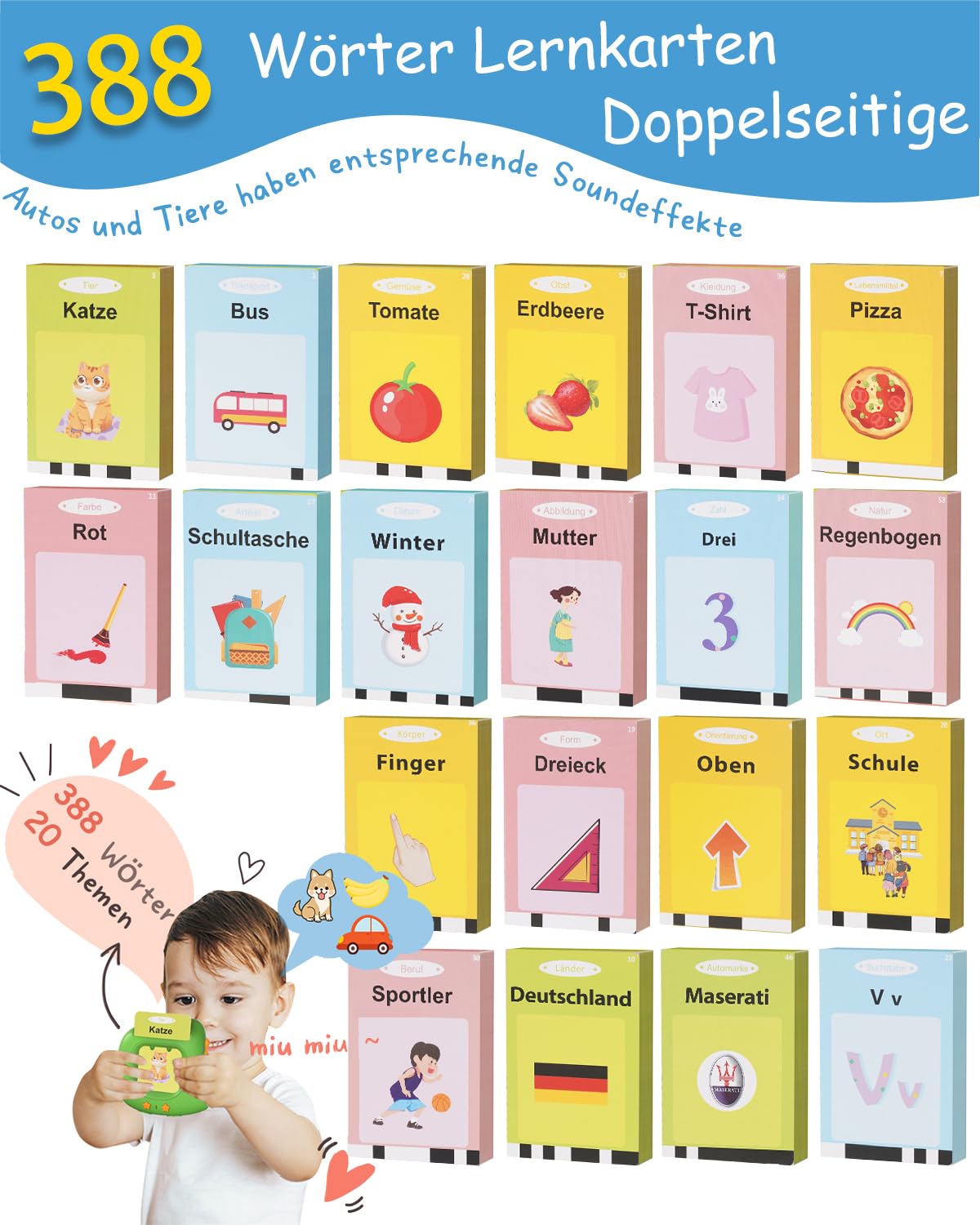 Giochi educativi di vocabolario giocattolo a partire da 2 3 4 5 6 anni, carte educative parlanti in tedesco, 194 fogli, 388 parole, regali per bambini, ragazze, ragazzi, Natale, Pasqua, gioco