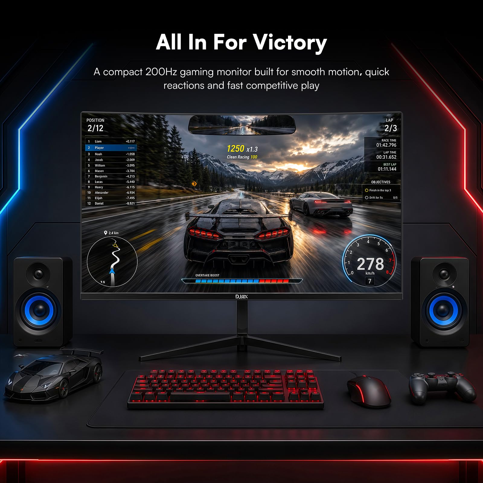 Monitor curvo per gaming da 24 pollici, 200 Hz, FHD 1080p con 3000R, contrasto 4000:1, tempo di risposta di 1 ms, 99% sRGB, AMD FreeSync, Eye Care, HDMI 2.0 e DP