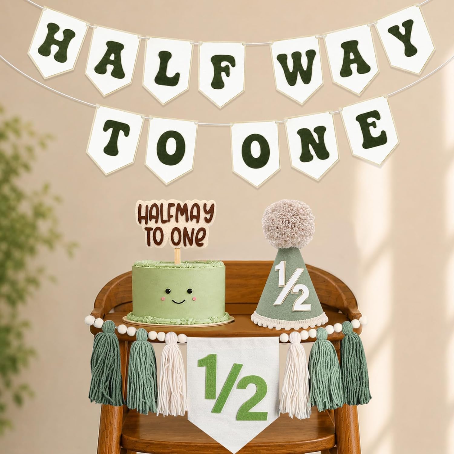 1st Birthday Highchair Banner Decorations For First Boys Khaki Cone Hat With One Cake Topper Photo Backdrop (Half Green)