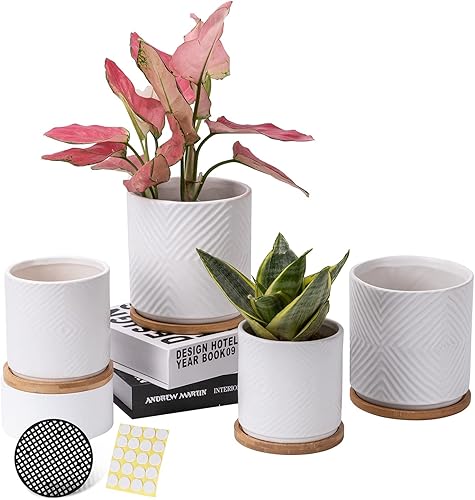 Macetas de cerámica de 5.25 pulgadas + 4 pulgadas con orificio de drenaje y platillo de bambú, macetas para suculentas con relieves geométricos