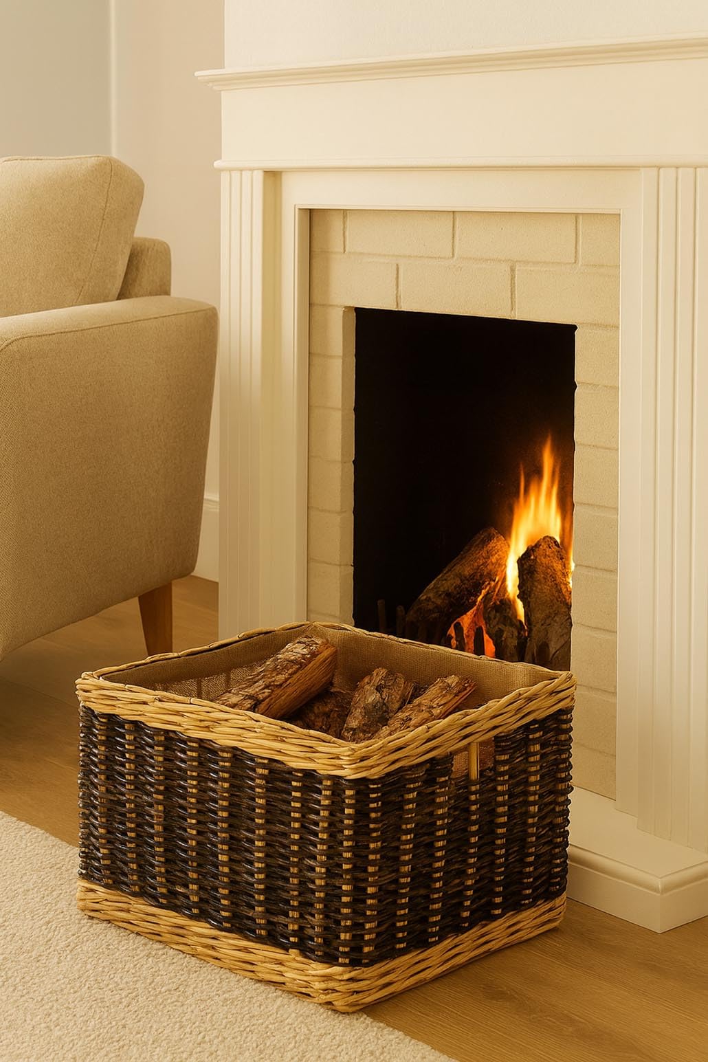 Kobolo Holztrage Holzkorb für Kaminholz Rattan mit Jutestoff und Henkel