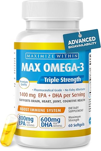 Maximum Slim Pastillas de aceite de pescado Max Omega 3, suplemento de aceite de pescado de triple fuerza (2000 mg de ácidos grasos Omega 3 totales: