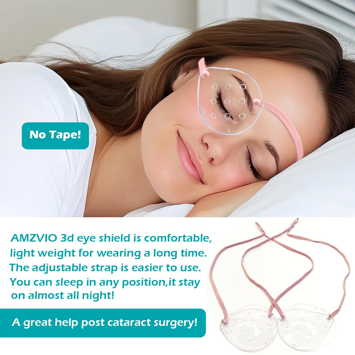 AMZVIO 2pcs Eye Shield After Cataract Surgery,Plastic Eye Patch for Cataract Surgery Breathable Clear Hard Shields Protective Cover for Adults Sleeping with Elastic Strap (Pink) - Image 2