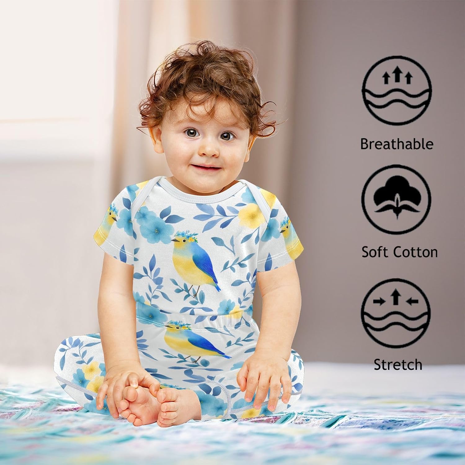 vvfelixl Baby Clothes Bluebird Blue Flowers Baby Bodysuits Set Unisex Short Sleeve Babys Pants Sets 0-3M