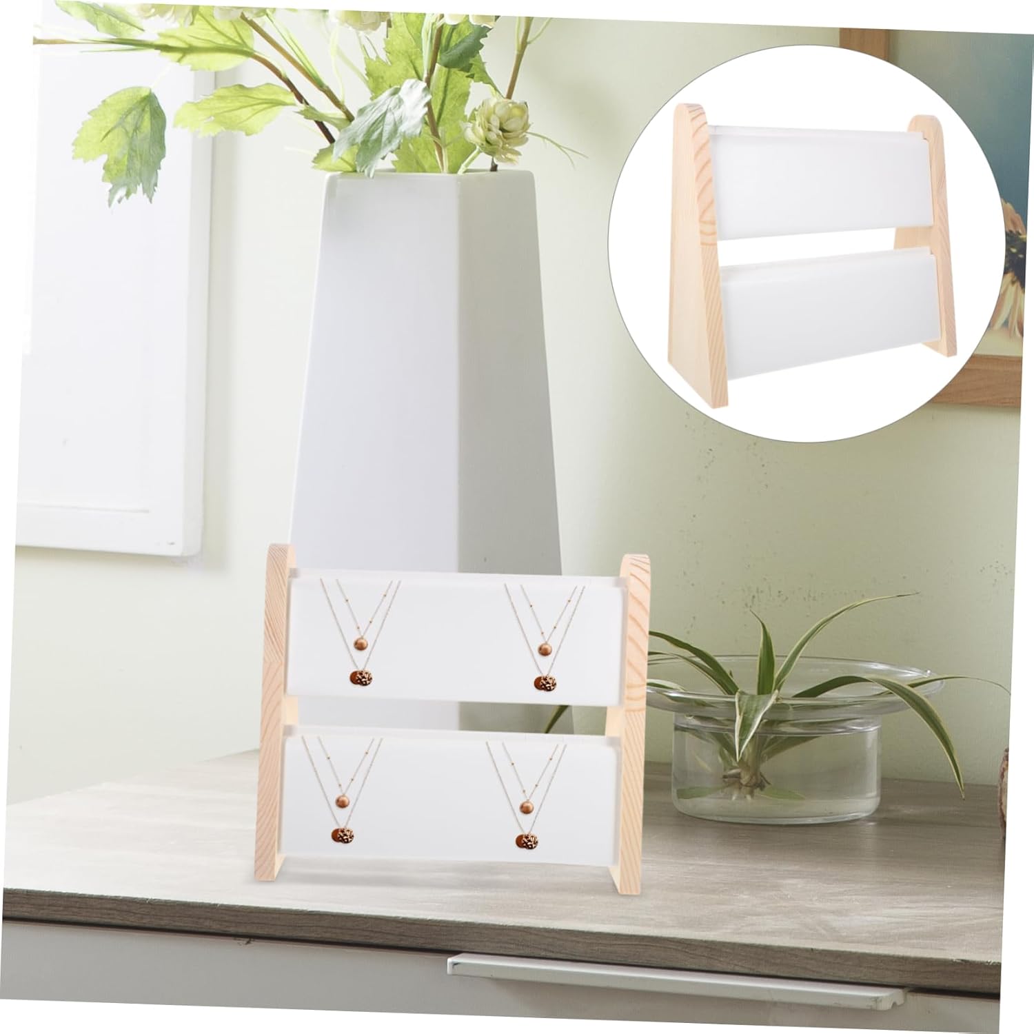 Wooden Jewelry Necklace Display Stand Double Layer Organizer for Pendants and Necklaces Large Capacity Slot Holder with Smooth Finish for Home Decor and Displays