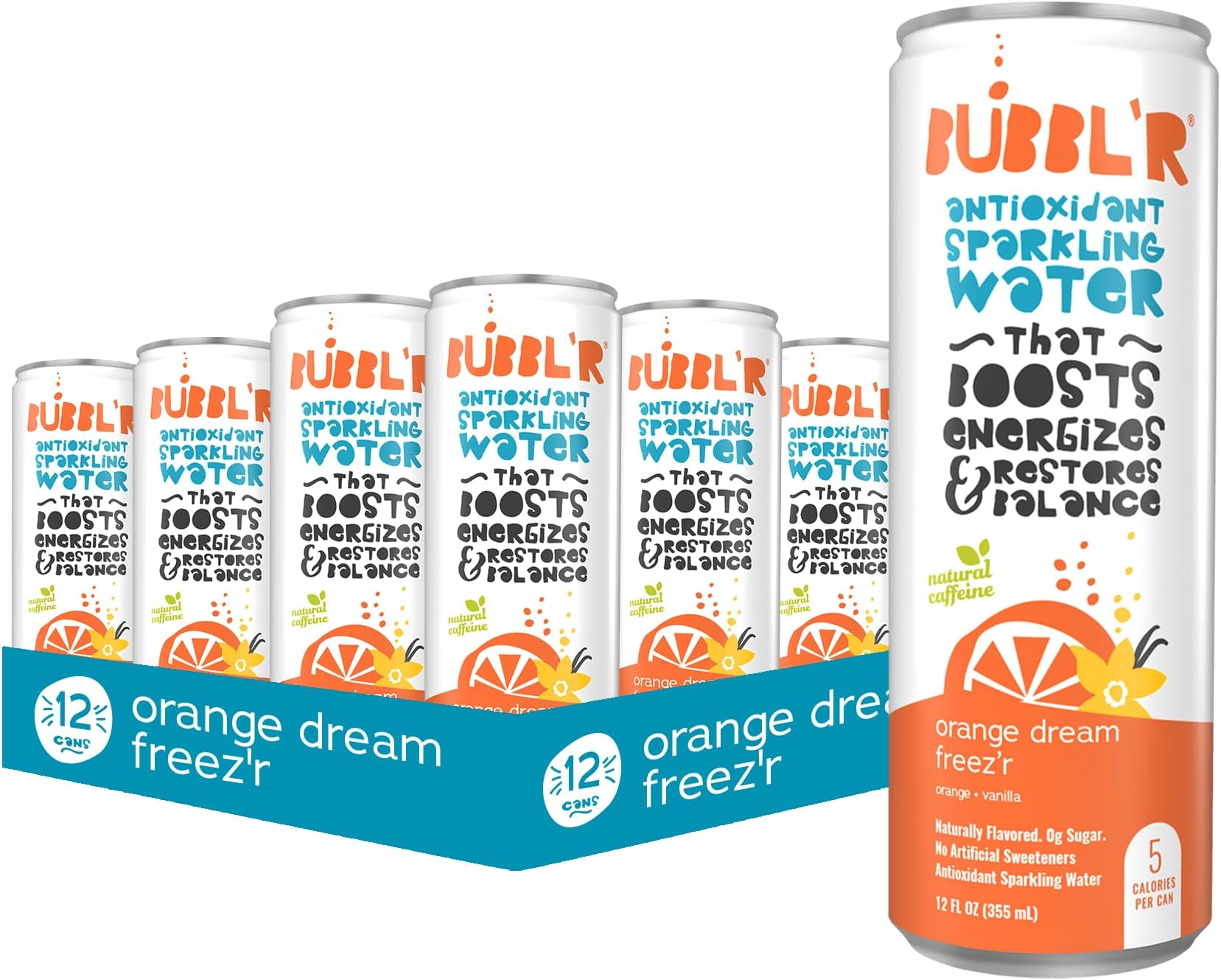 BUBBL'R orange dream freez'r, Antioxidant Sparkling Water with Natural Caffeine, 0g Sugar, Gluten Free, All Natural Flavors, 12 Fl Oz Cans, 12 Count