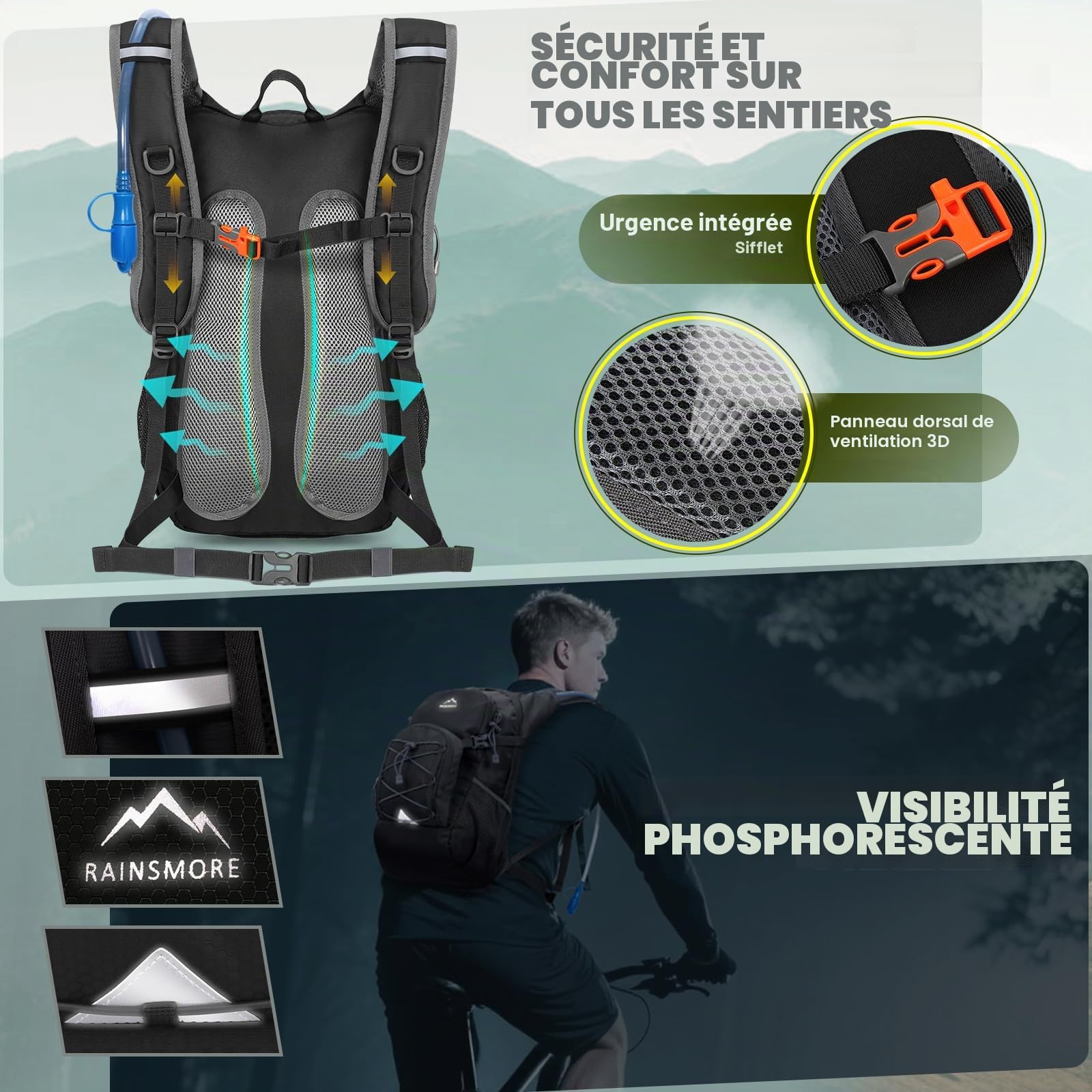 RAINSMORE Sac à Dos D'hydratation avec Vessie d'eau de 2L Sac à Dos Randonnée Moto Sport 18L Homme Femme Léger Isolé avec Housse de Pluie pour Course à Pied Cyclisme l'escalade Trail Running