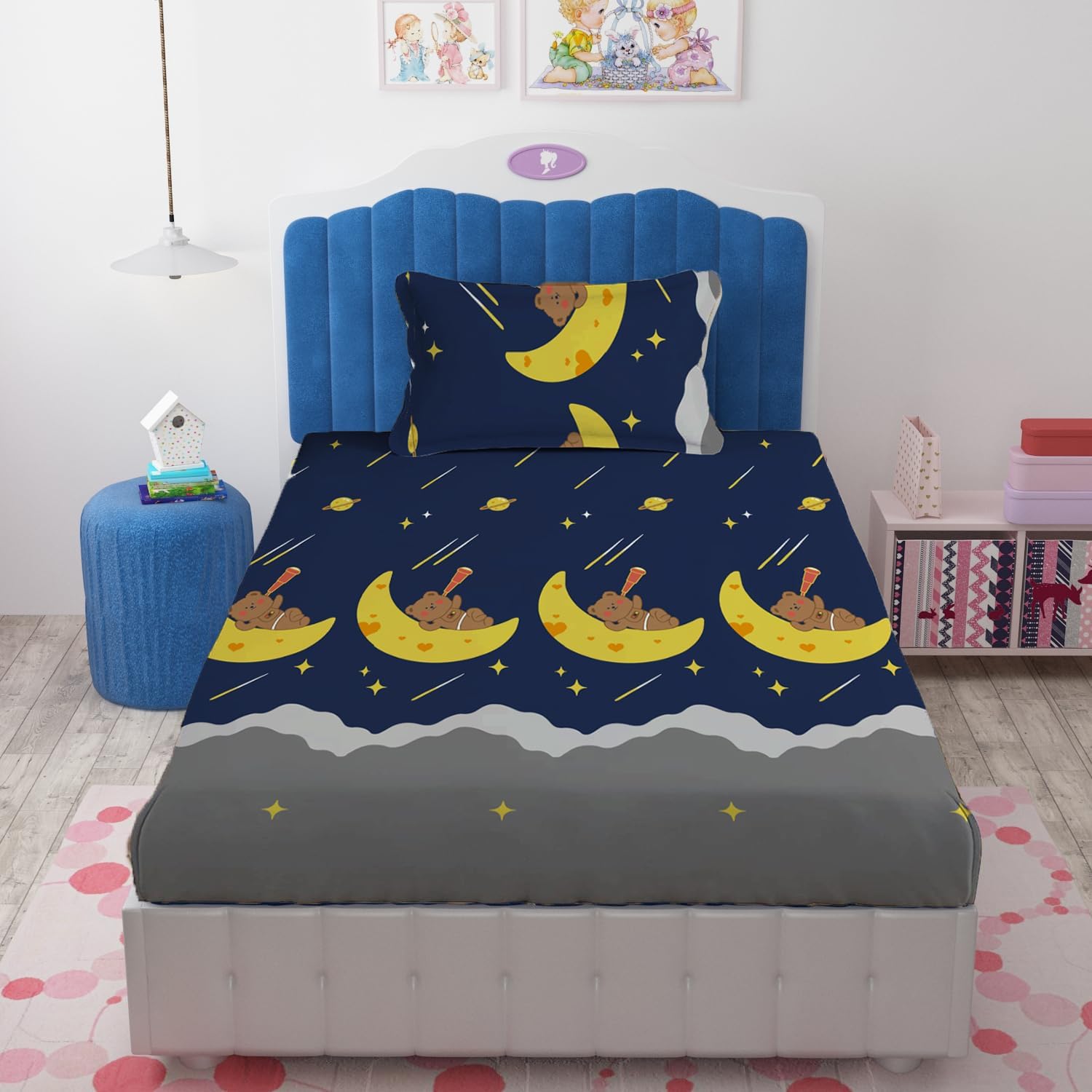 DECOMIZER Cotton Wrinkle Free Soft Hypoallergenic Bed Sheet | Cartoon Printed Single Bedsheet For Kids With One Pillow Cover (60X90 Inches/Teddy Moon), 300 TC, Dark Blue