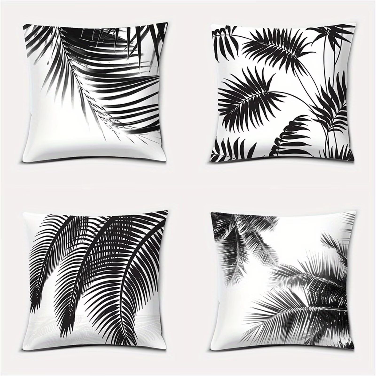 QiHon Cushion Covers 60x60 cm Set of 4 Black Palm Leaves Linen Square Pillow Cases 24x24 inch Modern Decorative Throw Pillow Covers for Sofa Couch Bedroom Home Office with Invisible Zipper