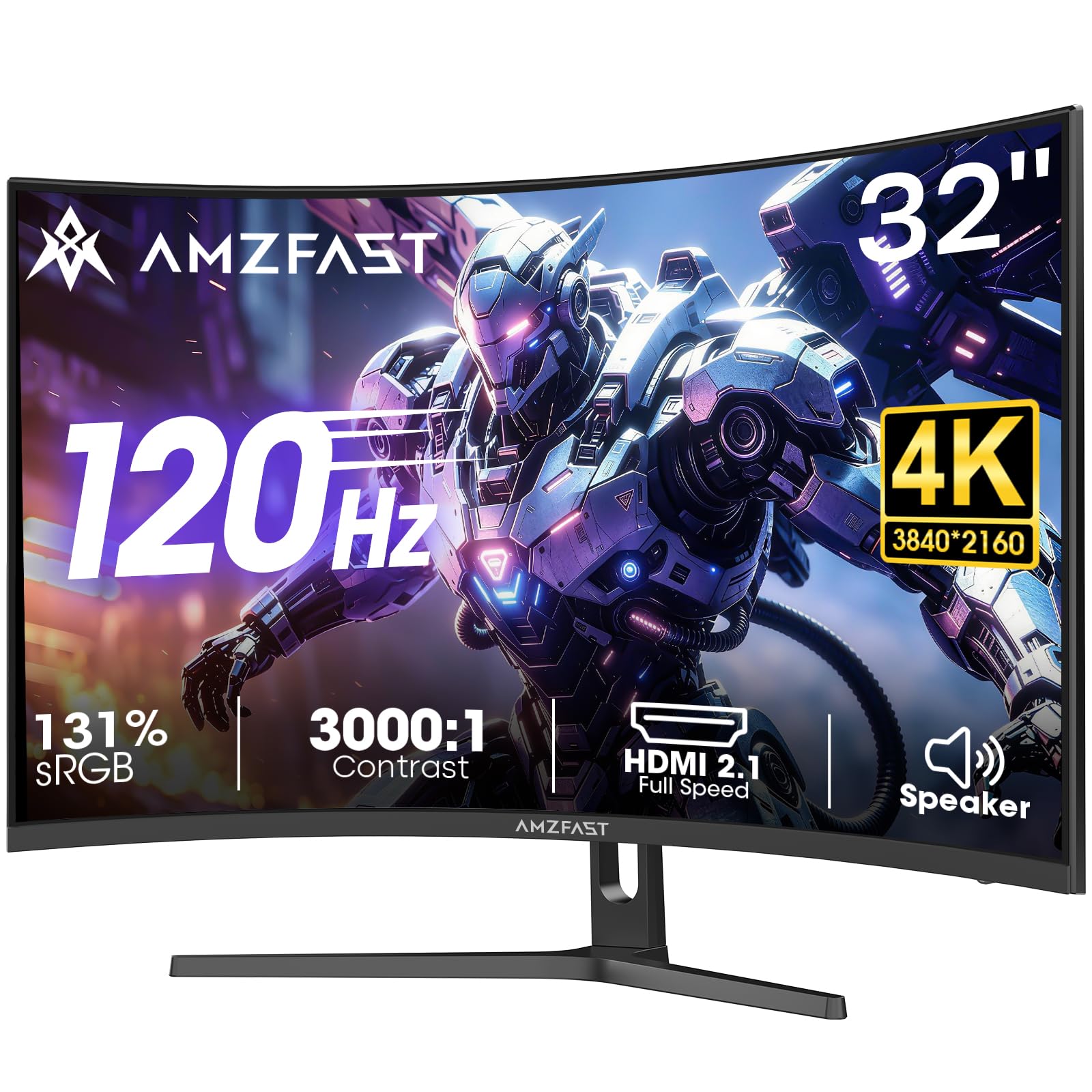 Amzfast 32" 4K 120Hz Curved Gaming Monitor, 3840x2160 UHD, PIP/PBP, Adaptive Sync, 131% sRGB, 3000:1 Contrast,HDR, 300nits, 1500R, HDMI2.1(VRR)& DP1.4, Built-in Speaker, Eyes Care, VESA Mount