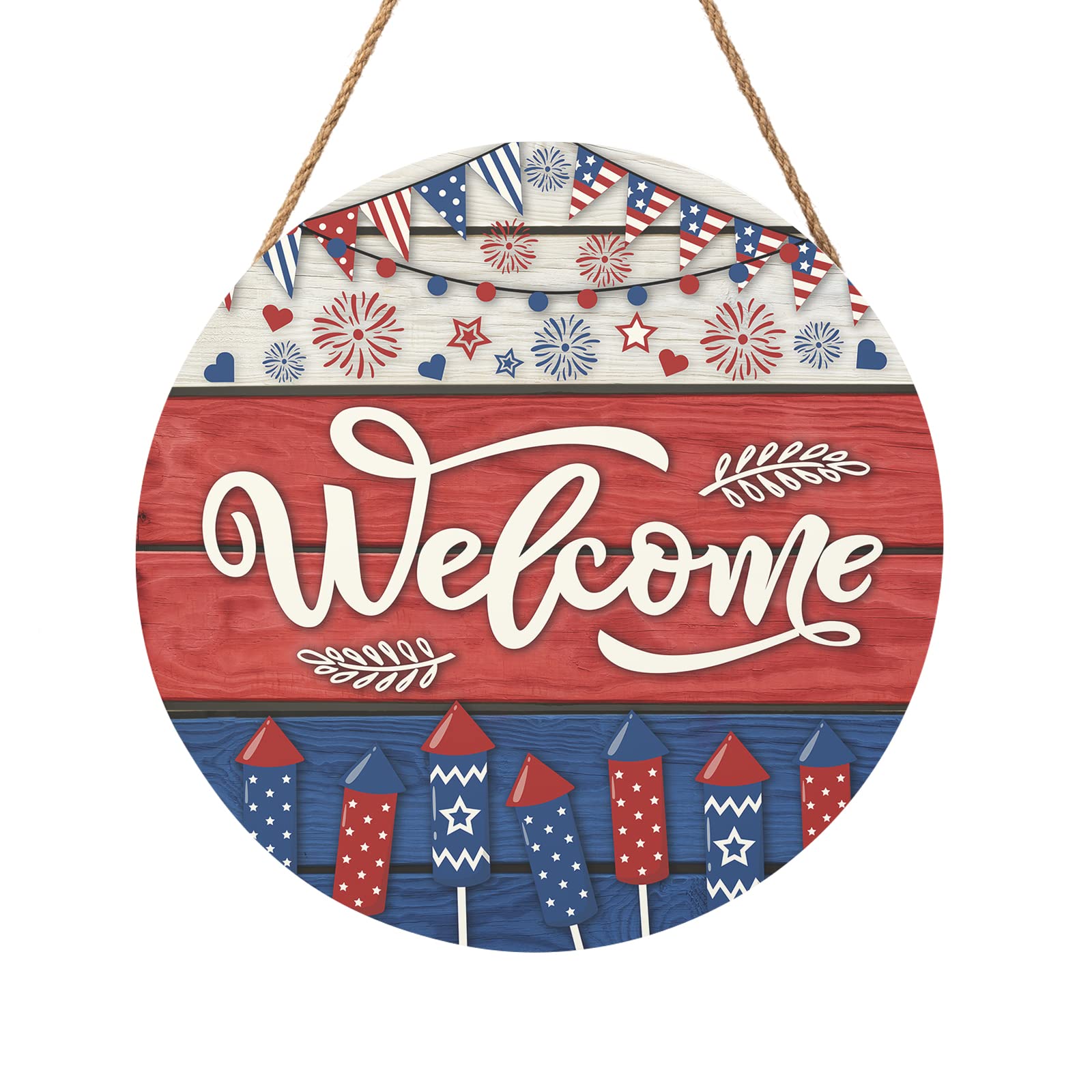 Memorial Day Decorations Door Sign for Front Door, Independence Day Patriotic Wreaths Welcome Sign, Round Wood Hanging Door Sign for Memorial Day 4th of July Patriotic Wreaths Outdoor 12”x 12”