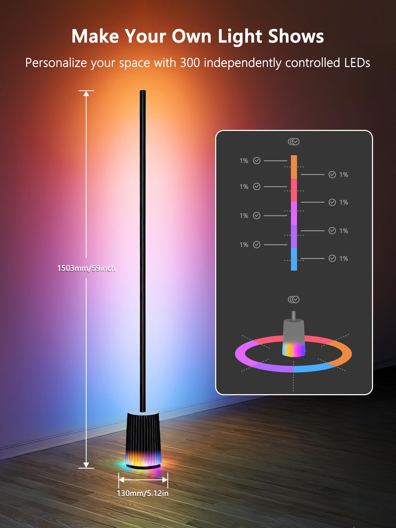 LED Stehlampe Dimmbar RGBCW, Smart Stehlampe Wohnzimmer Arbeiten mit Alexa Matter Google, APP-Steuerung, 16 Millionen Farben, 75+ Szene, Musikmodi, DIY Standleuchte für Schlafzimmer Gaming, Schwarz