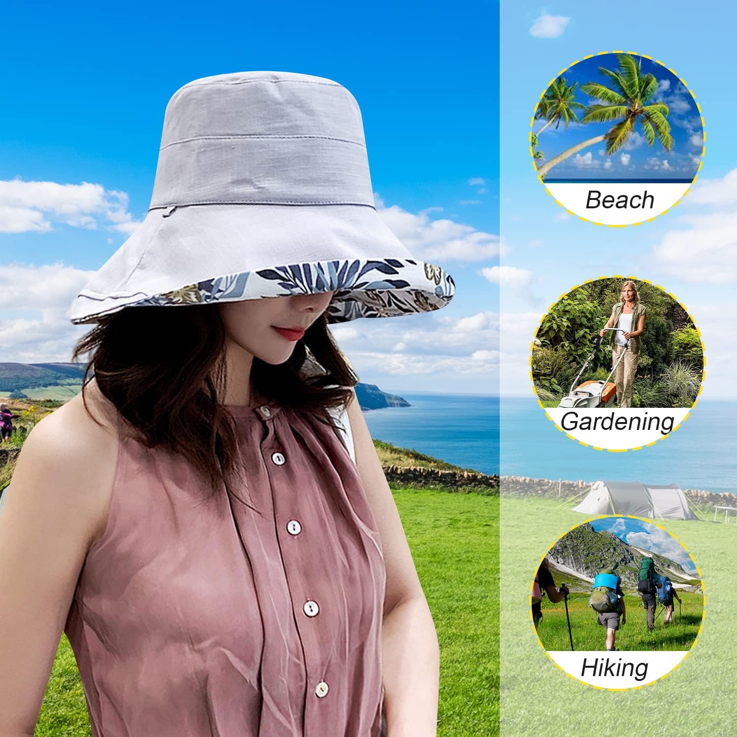 Women Wide Brim Sun Hats Metal Wired Edge Summer UV Protection Beach Fishing Hat for Hiking Garden Travel Chin Strap - Image 4