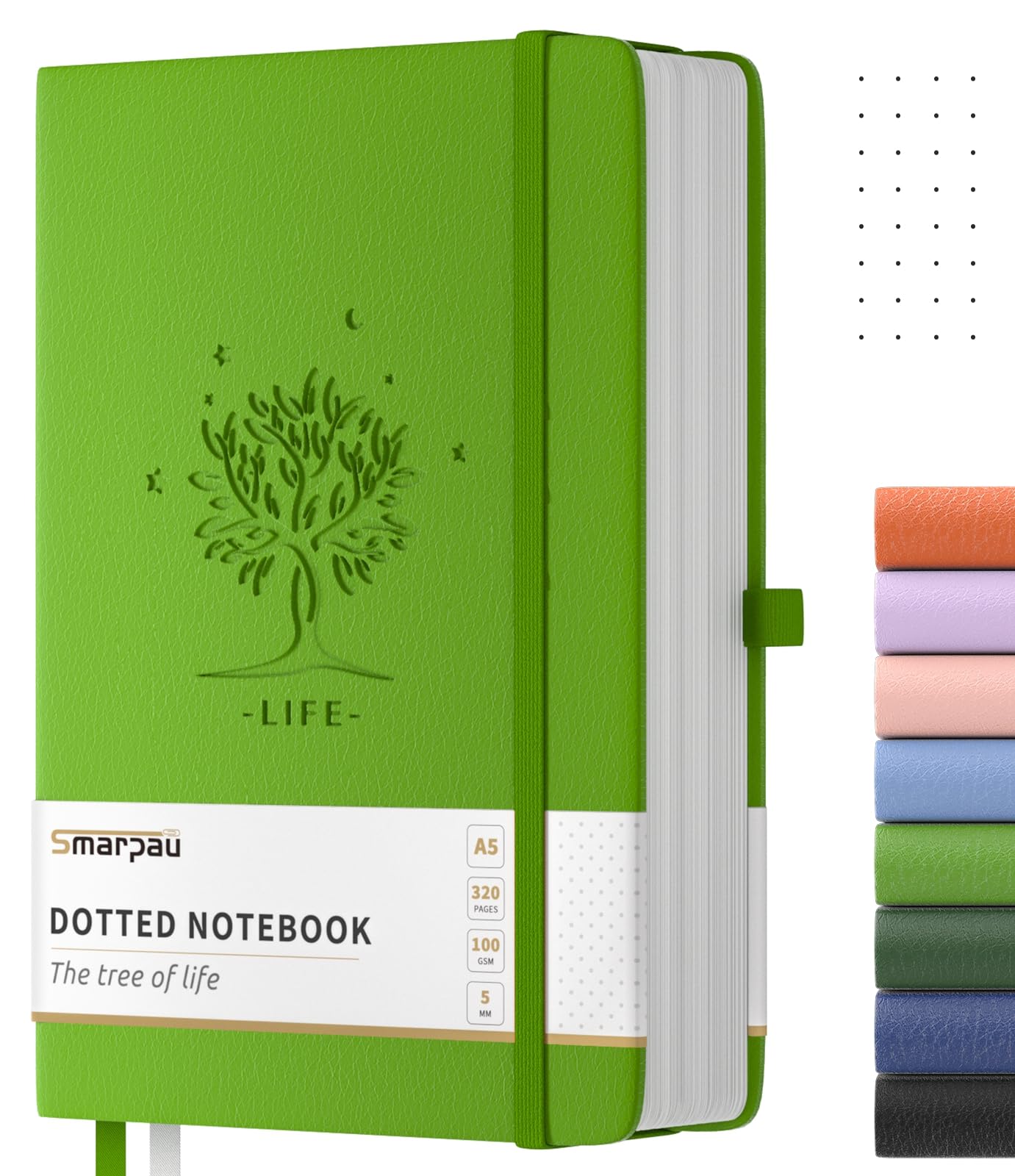 Smarpau Dotted Notebook A5 320 Pages, Thick Hardcover Leather Journals Notebook, 100gsm Paper No Bleed, for Women Men School Office Travel, 14.5 x 21cm - Light Green