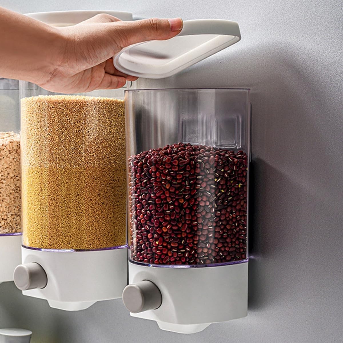 GLEAVI 2pcs Airtight Dry Food Dispensers with Wall-mount, Grain Storage Containers for Coffee Beans and Flour, 1l 1.5l Kitchen Storage Jars for Pantry Organization