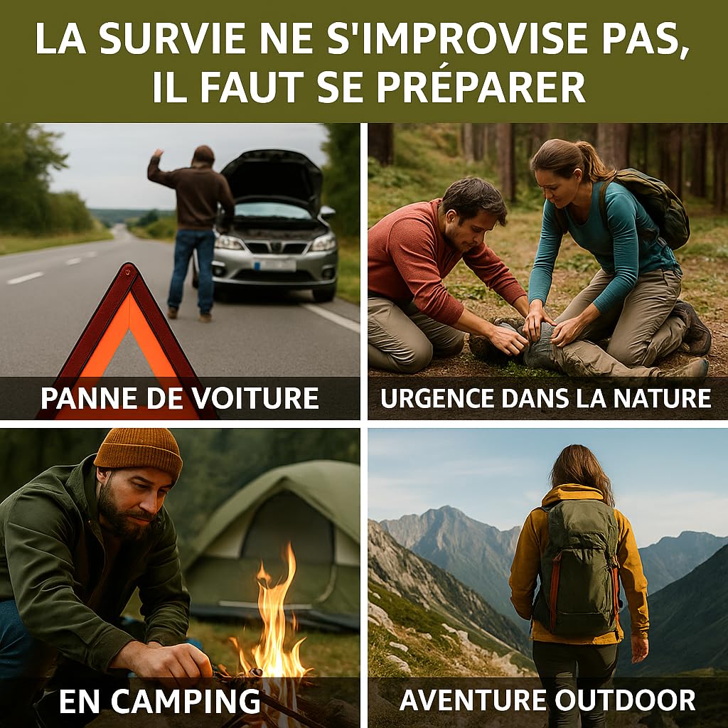 Safe&Ready Kit de Survie avec Hache, Couteau Pliant, Lampe Dynamo, Trousse de Secours, Abri, Poncho, Allume-feu, Scie Câble pour Outdoor, Randonnée, Urgence, Bushcraft