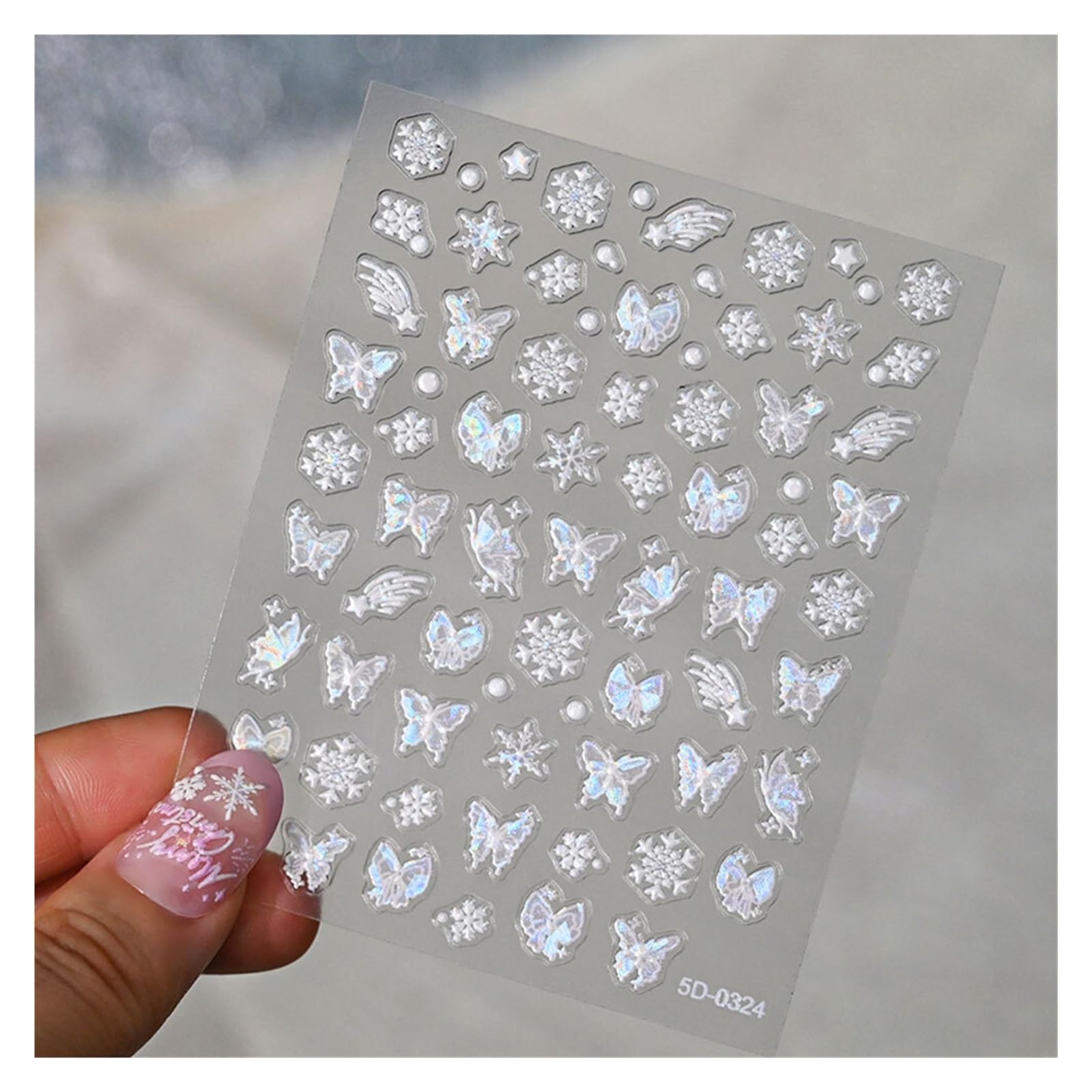 10pcs Pink Purple Aurora Shell Butterfly Nail Stickers Shiny 3D Butterflies Decals 8 * 10cm Adhesive(Transparent)