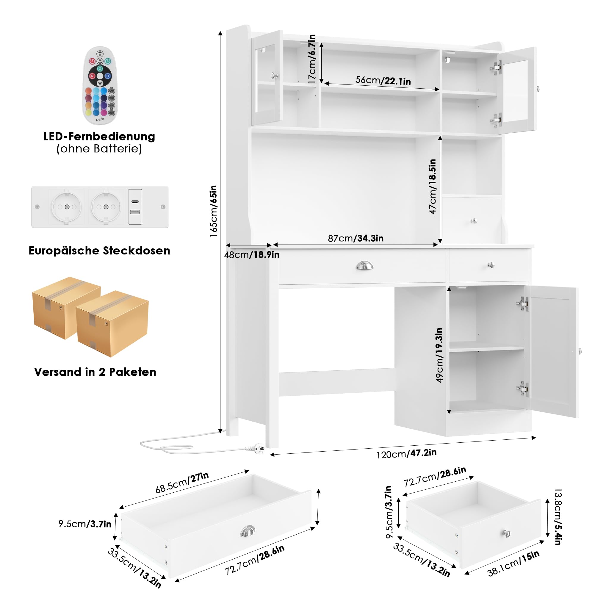 FirFurd Schreibtisch mit Schubladen Schminktisch mit LED Kinderschreibtisch | Schreibtisch Kinder mit 2 Steckdosen und 2 USB, Schminktisch ohne Spiegel, Tisch für Kinder & Jugendzimmer 120x48x165cm weiß