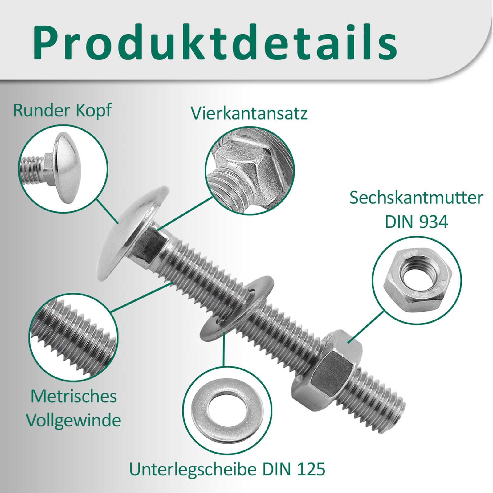 DSM – Viti a testa esagonale M8 x 30 mm secondo DIN 603 – incl. M8 dado esagonale DIN 934 & rondella DIN 125 – in acciaio inox A2/V2A – Viti a testa piatta con attacco quadrato – 50 pezzi
