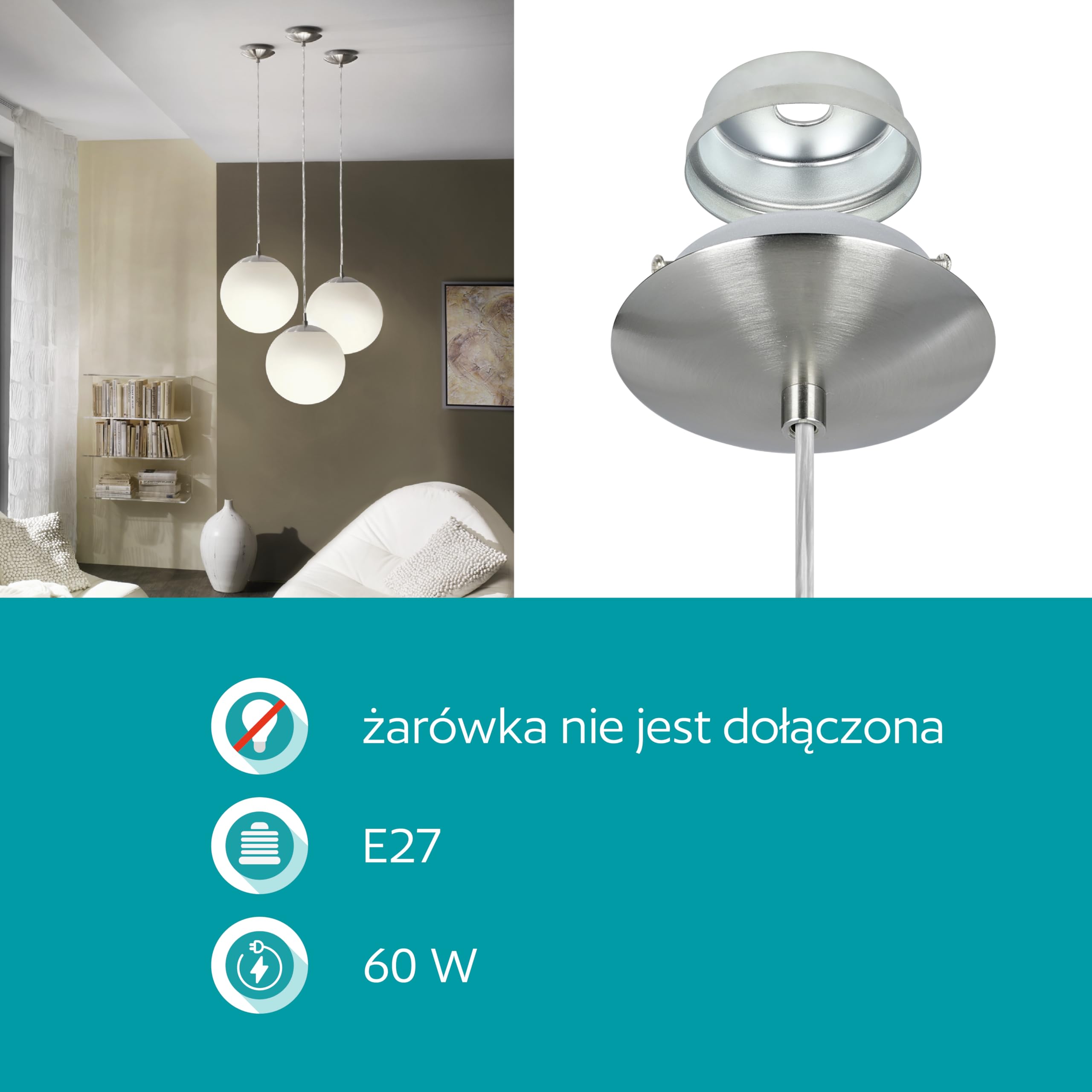 EGLO lampa wisząca Rondo, 1-punktowa oprawa zwisająca światło zwisająca z metalu w kolorze srebrnym i szklanym opalowym matowym białym oprawka E27 Ø 20 cm