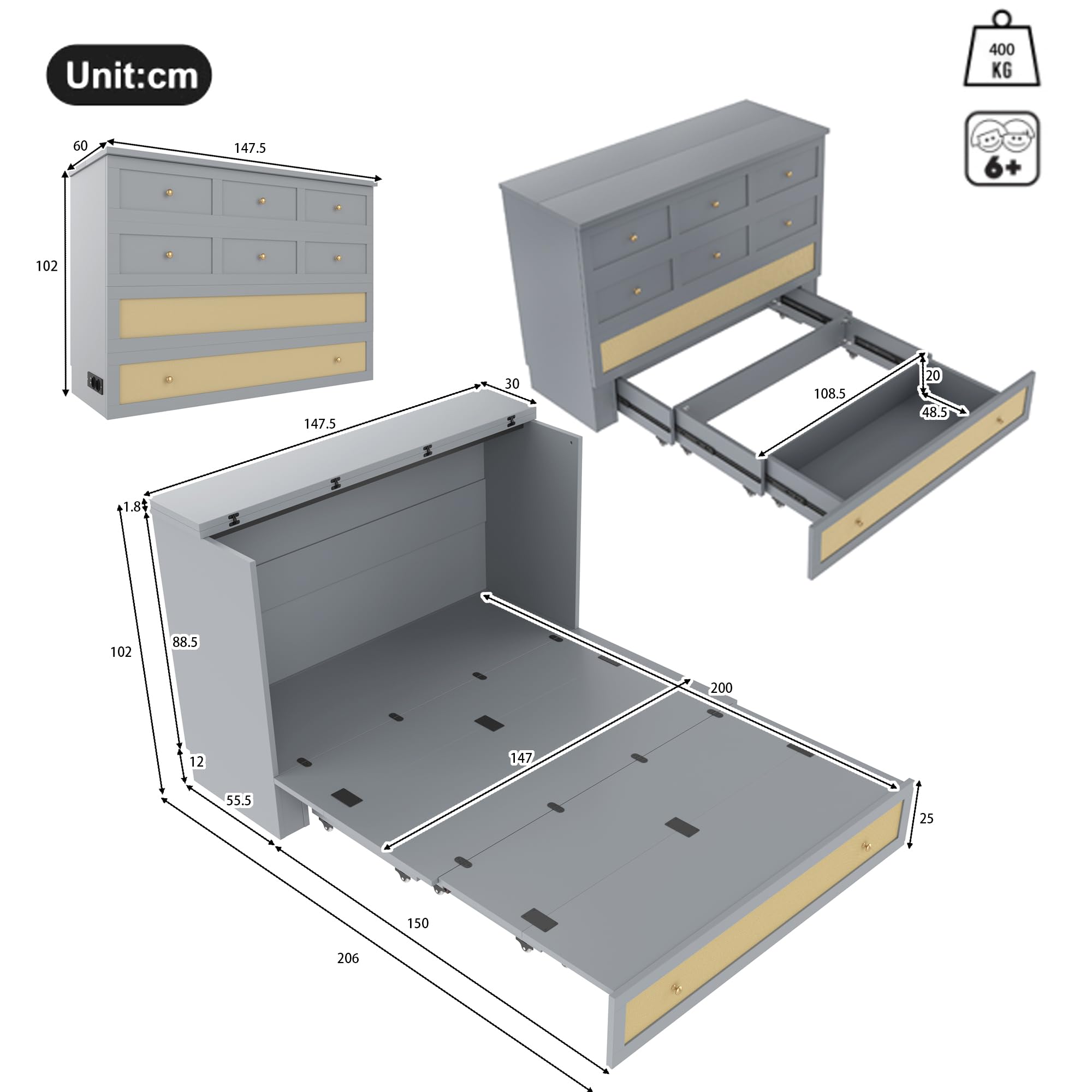Cama Armario, 140 x 200, Móvil Armario Cama con Cajones en el Extremo de la Cama y Estante en la cabecera de la Cama con USB y Enchufe Cama con Plataforma Convertible, Sin Colchón (Gris)