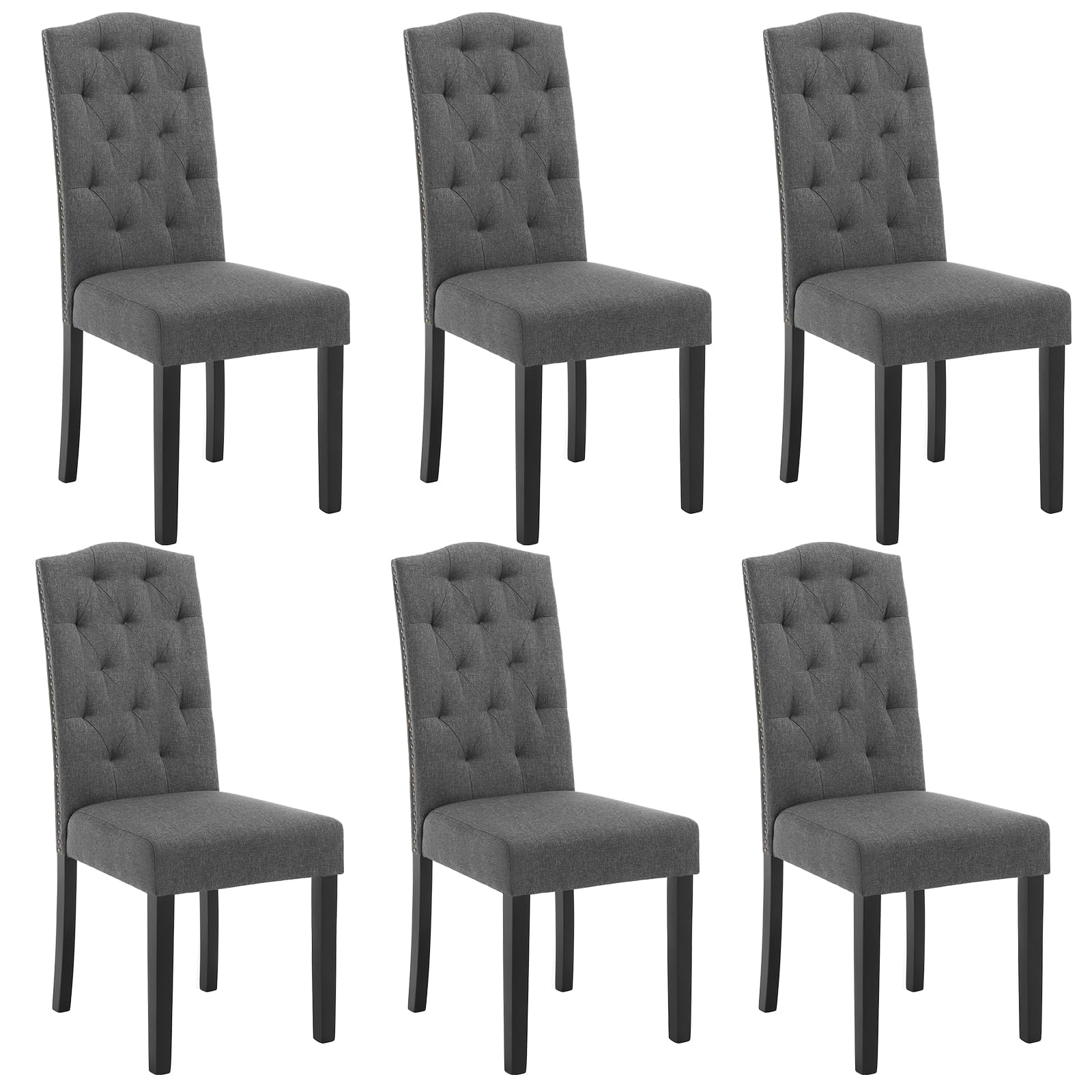 Lestarain Pack de 6 Sillas de Comedor con Respaldo Alto, Sillas de Cocina Tapizadas en Lino, Sillas Ergonómicas en Madera, para Dormitorio y Salón, Gris Oscuro, LCNI120001-6