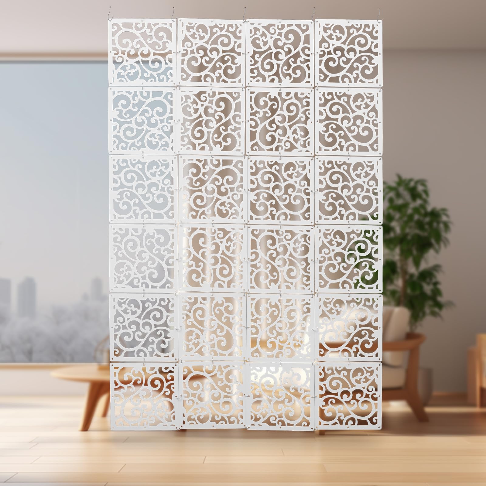 24 separadores colgantes de ambientes, color blanco. 29 x 29 cm pantalla divisor de habitaciones DIY, biombo separador de habitaciones, panel colgante interior para decoración del hogar, oficina