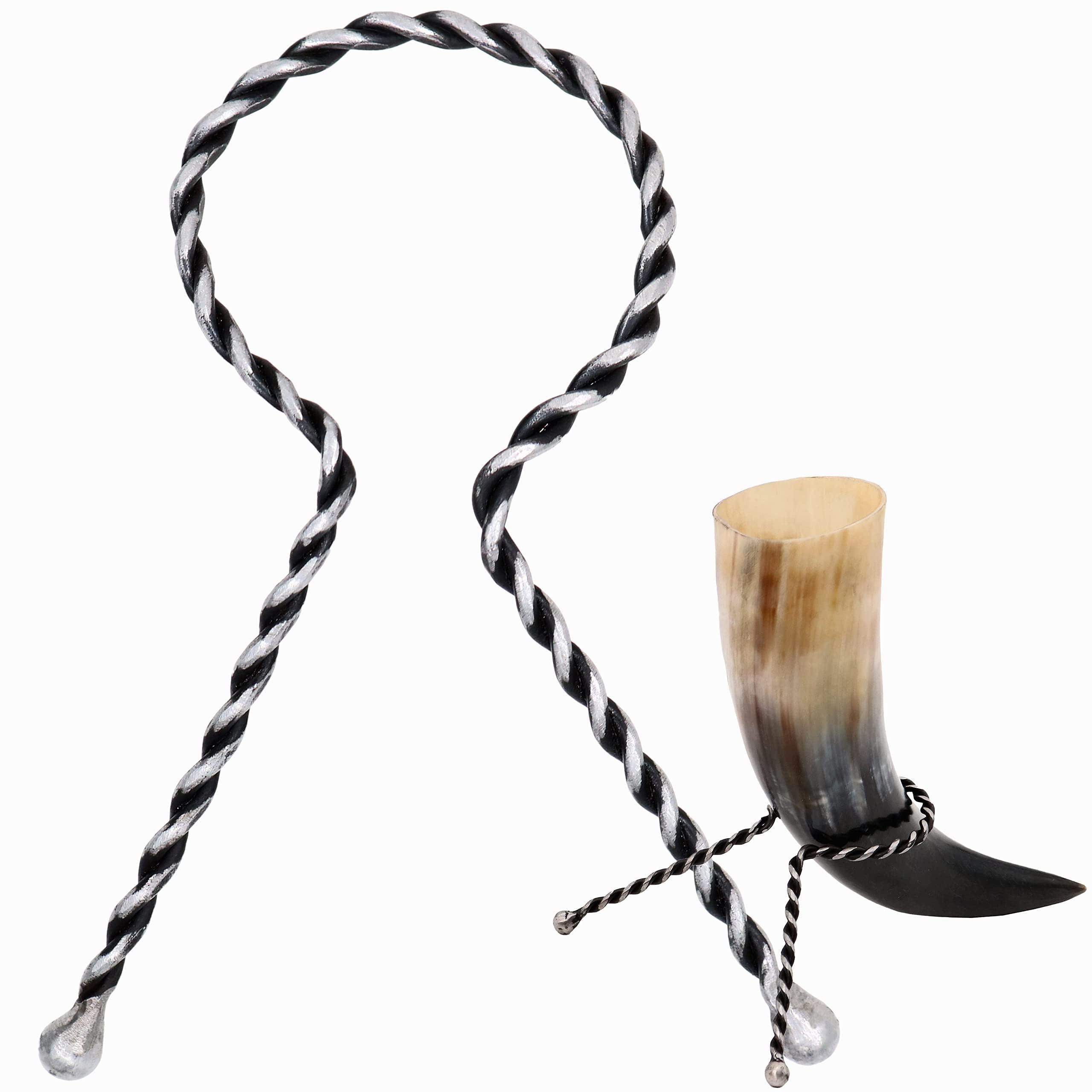 Mythrojan Viking Drinking Horn Stand Medieval Twisted Mead Rack for Ale, Beer, Wine, Perfect Accessory for Historical Reenactments, LARP Events, Authentic Viking Gatherings - Black
