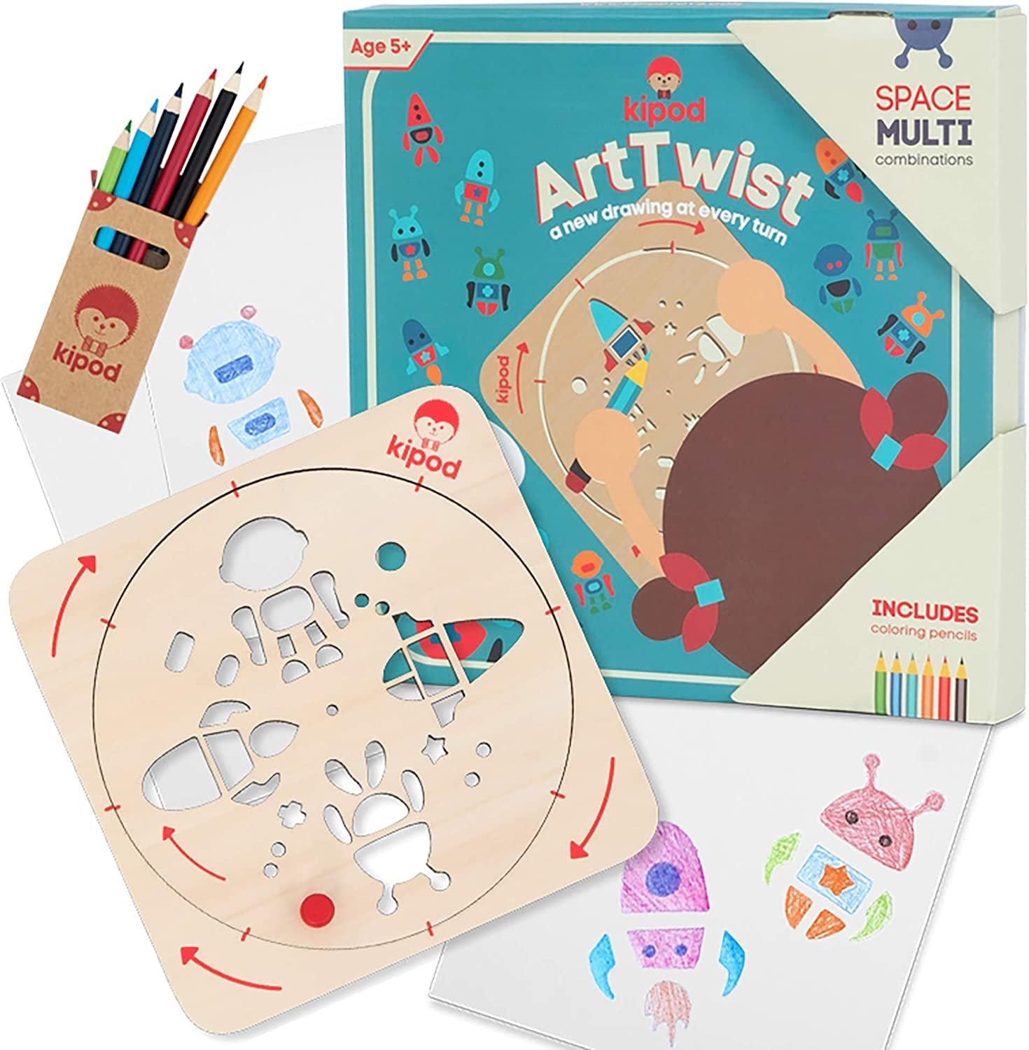 kipod ArTwist Rotational Space Stencil Wooden Spaceship & Alien Themed Drawing and Tracing Kit for Boys and Girls Ages 5+ - Montessori Inspired Arts & Crafts - Includes Colored Pencil Set