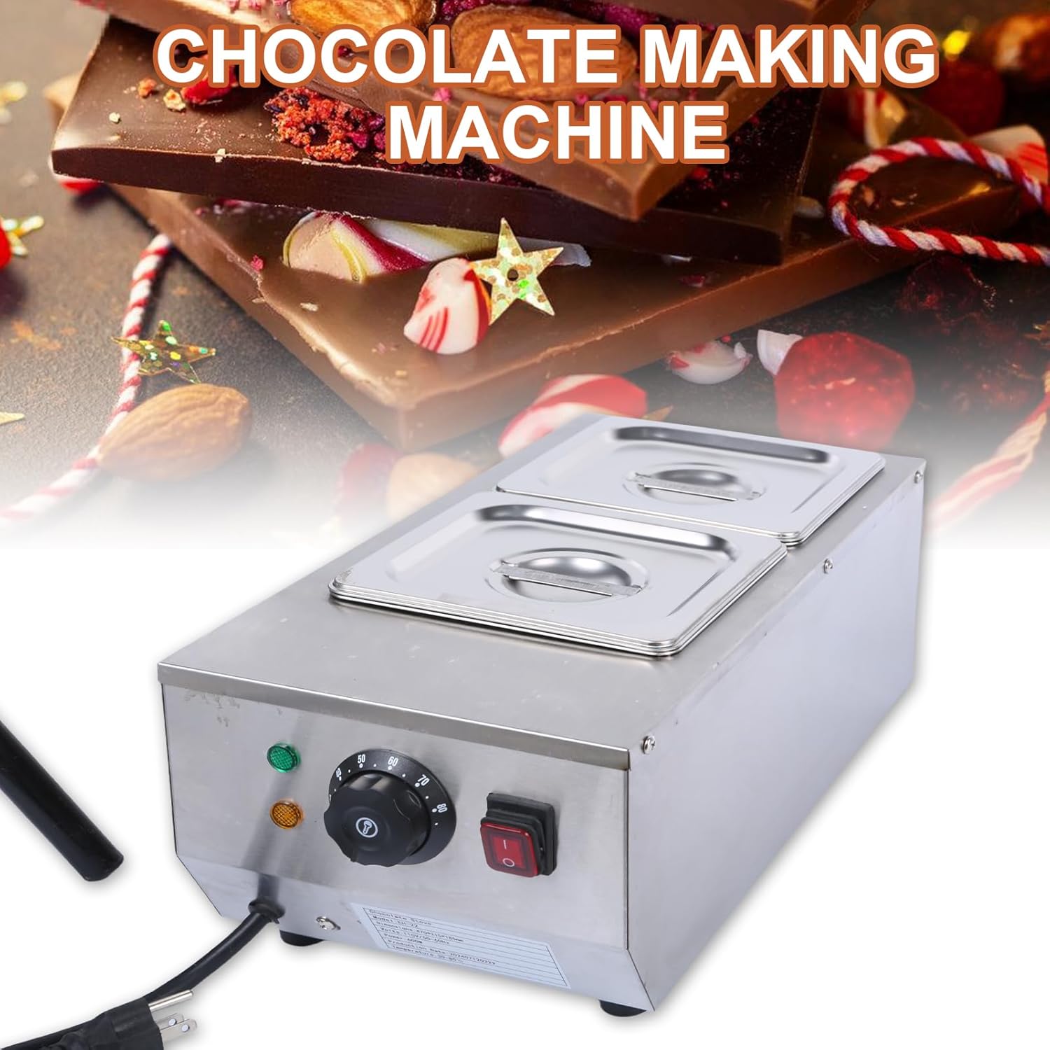 Professional Stainless Steel Electric Chocolate Heater Warmer Fondue Maker with Two Basins for Baking Needs Chefs Birthday Celebration Chocolate Station