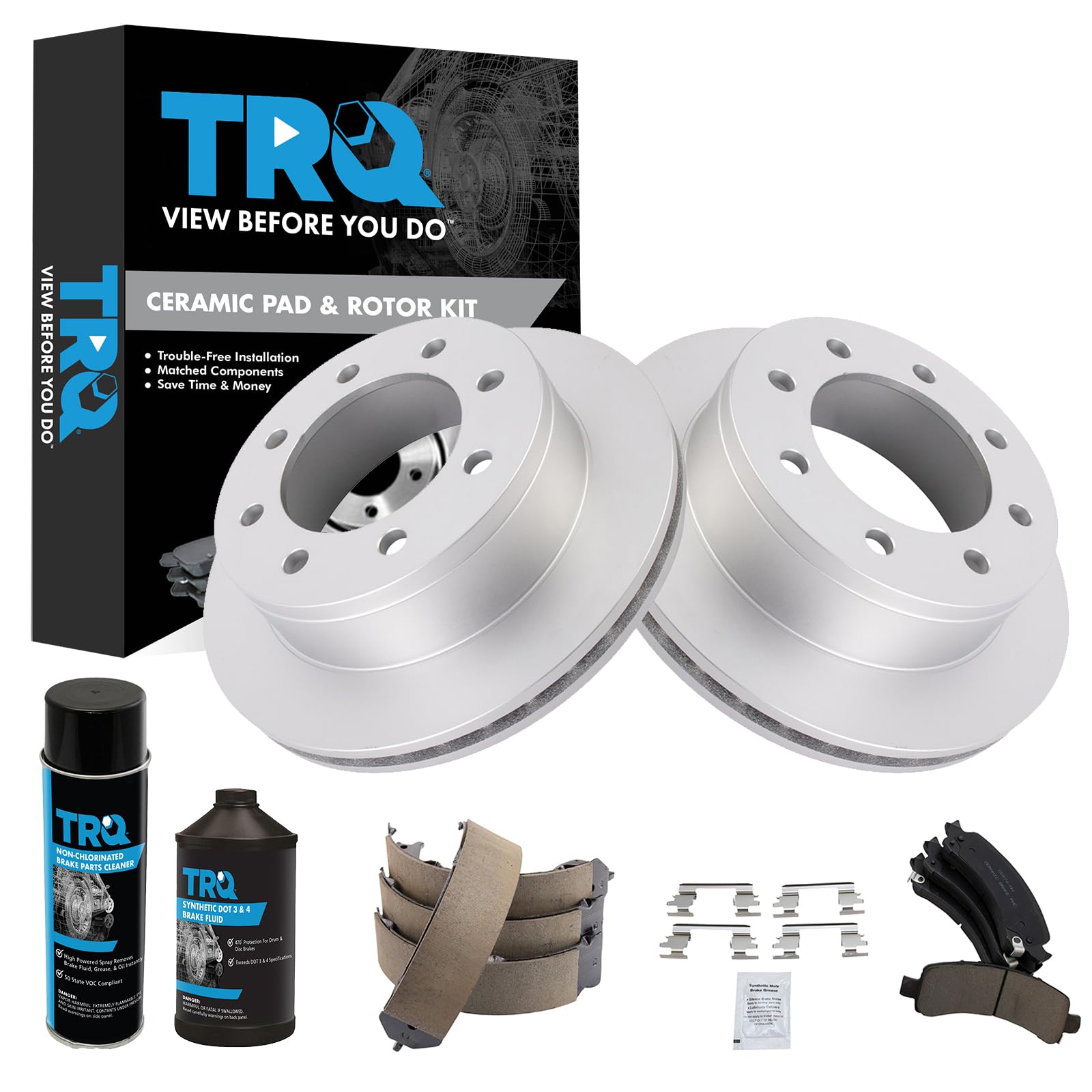 TRQ Rear Brake Pad &amp; Rotor Kit Premium G-Coated Ceramic Compatible with 2008-2016 GMC Savana 3500