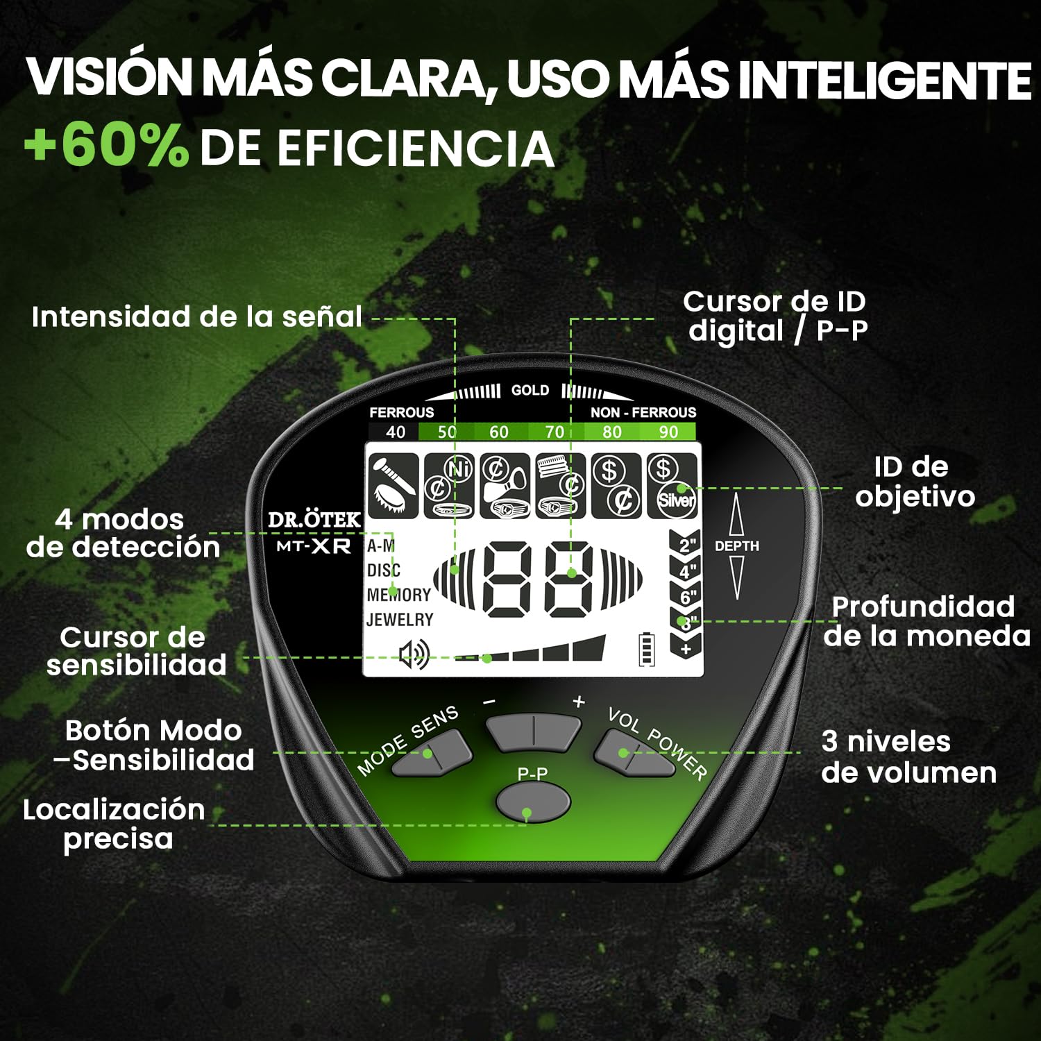 DR.ÖTEK Detector de Metales para Adultos Profesional, Portatil Detector, Modo de Pinpoint y de Memoria Exclusivo, Mayor Precisión, Bobina Impermeable IP68, Pantalla LCD, Chip DSP Avanzado, Verde